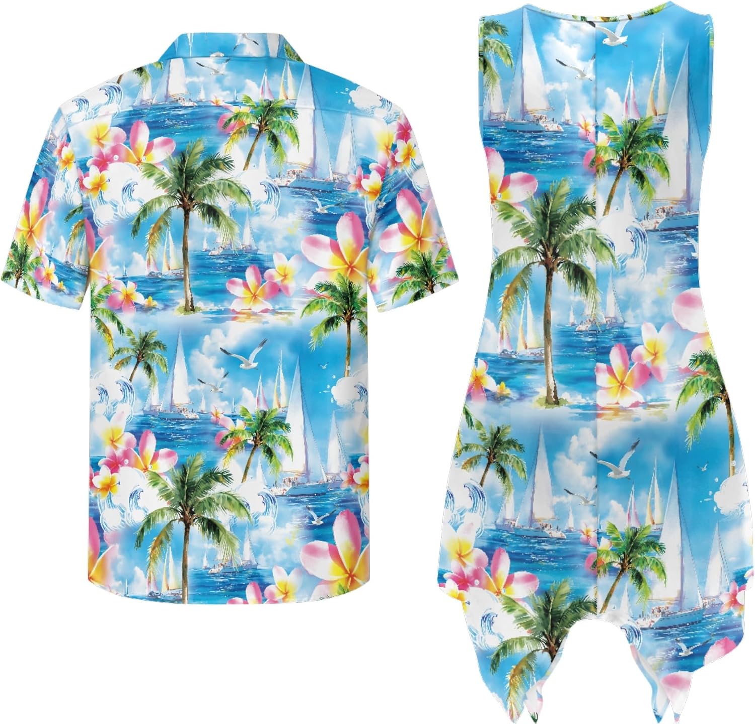 Couples Matching Tropical Print Tank Mini Dress and Shirt