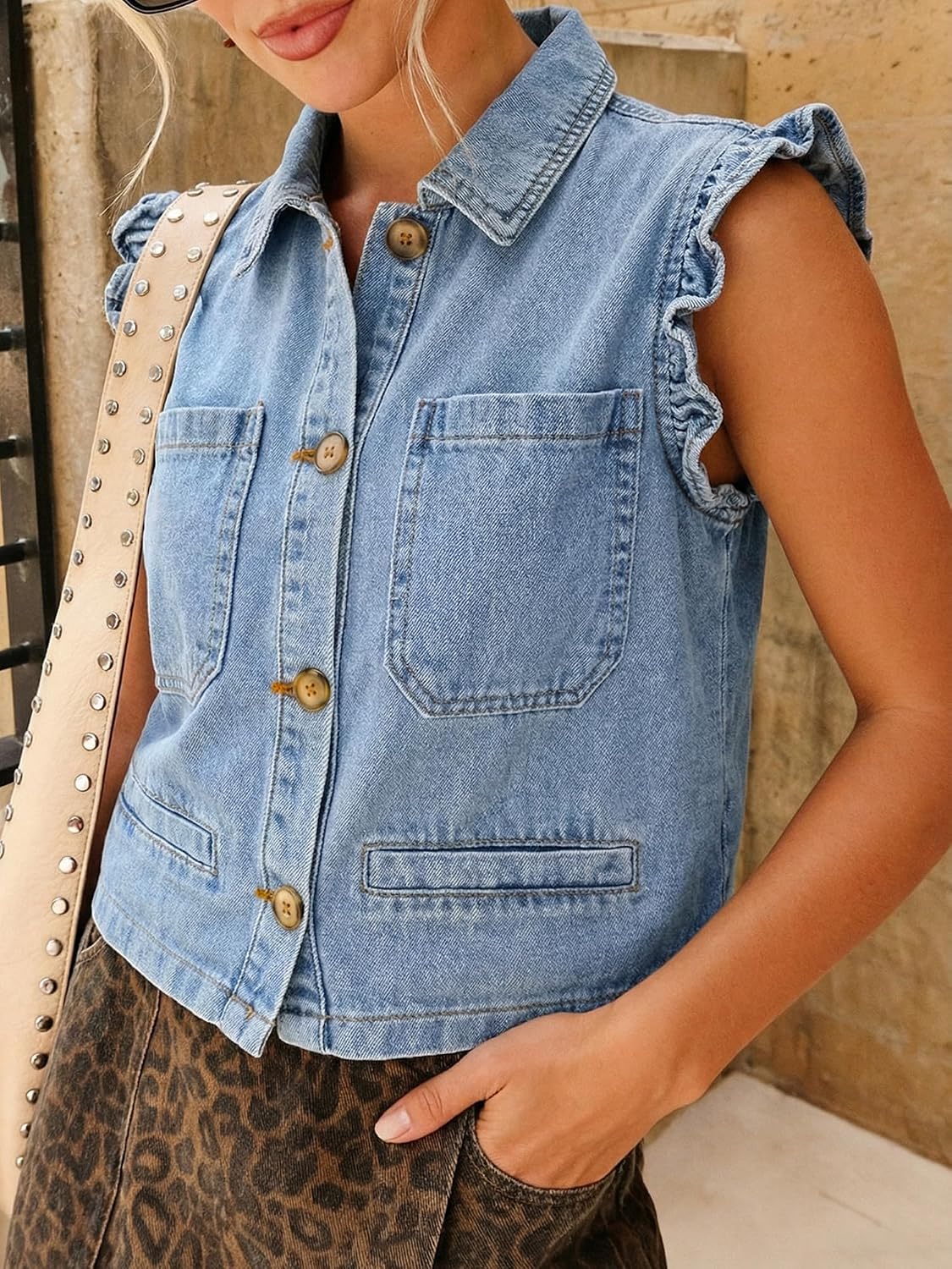 Women's Ruffle Denim Vest Button Front Cropped Jean Jacket