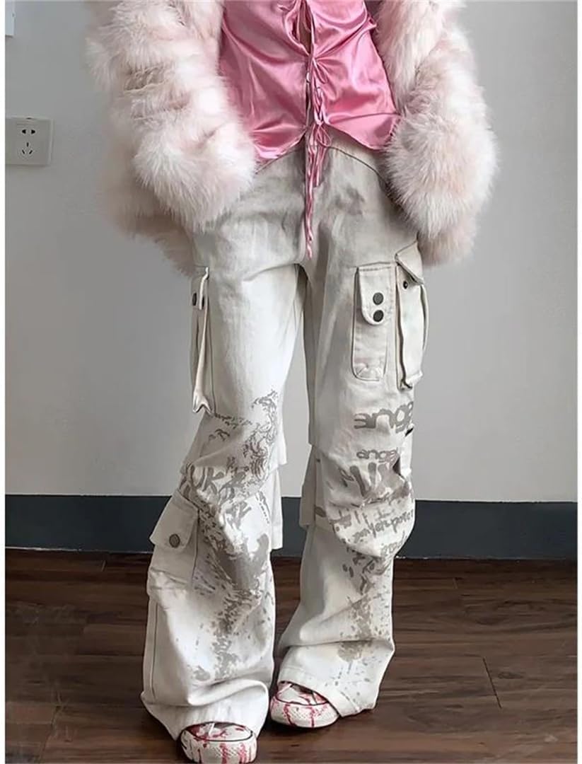Women's Baggy Wide Leg Cargo Jeans White Graffiti