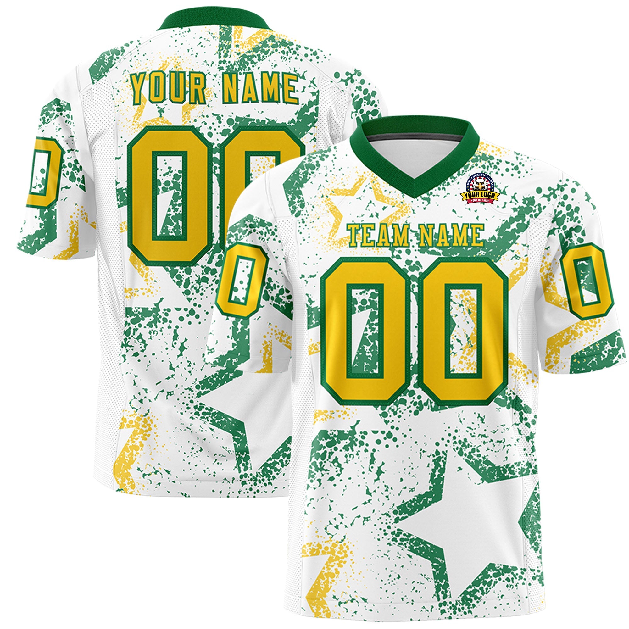 Benutzerdefiniertes weißes Kelly-Grün-Gold, personalisiertes Star-Graffiti-Muster, authentisches Fußballtrikot