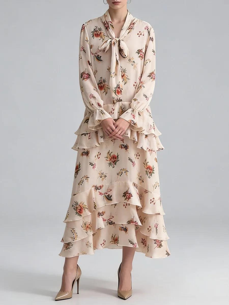 Women's Floral Tie Neck Maxi Dress Long Sleeve Ruffle