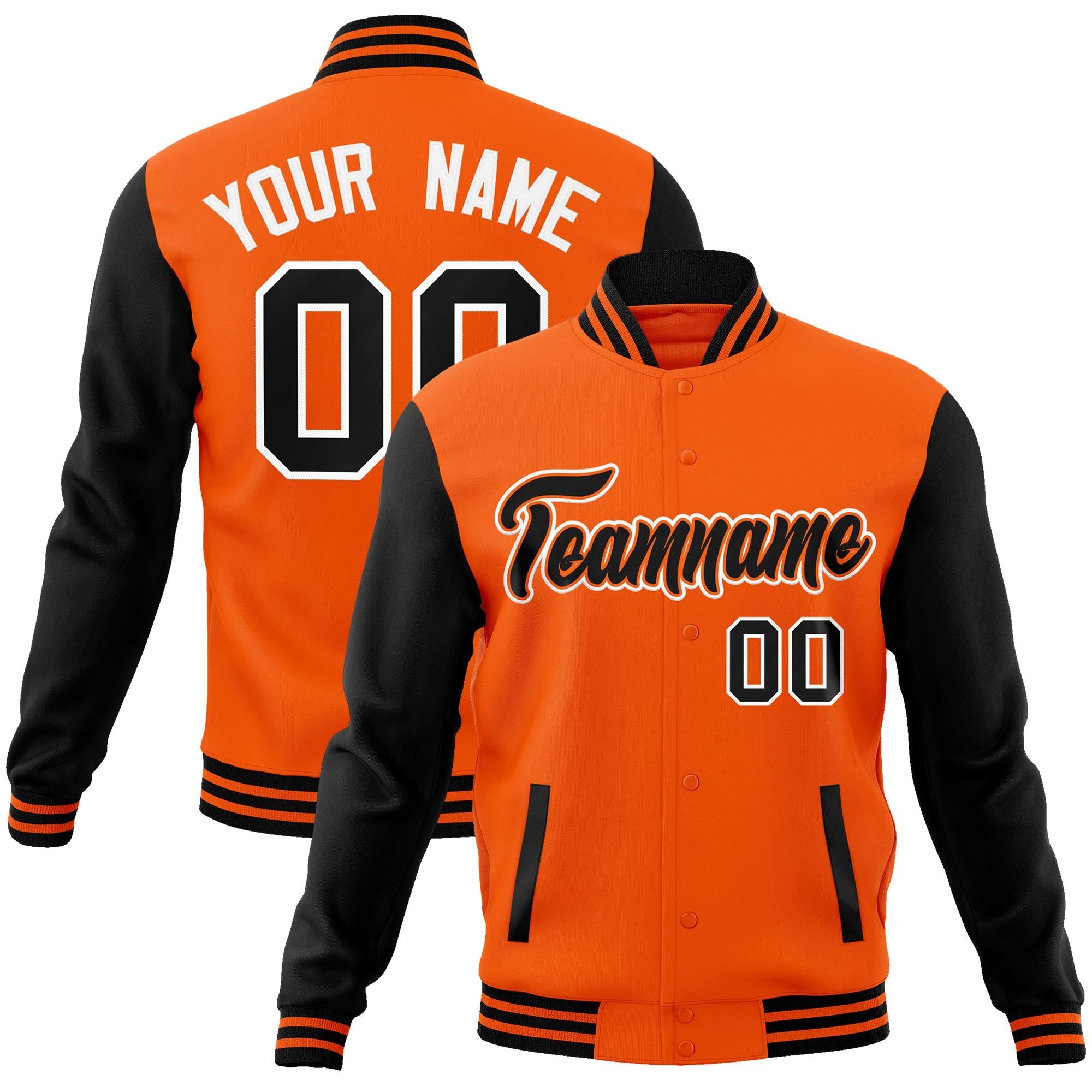 Benutzerdefinierte Varsity-Letterman-Jacke mit durchgehenden Druckknöpfen und Raglanärmeln Benutzerdefinierte Varsity-Letterman-Jacke mit durchgehenden Druckknöpfen und Raglanärmeln