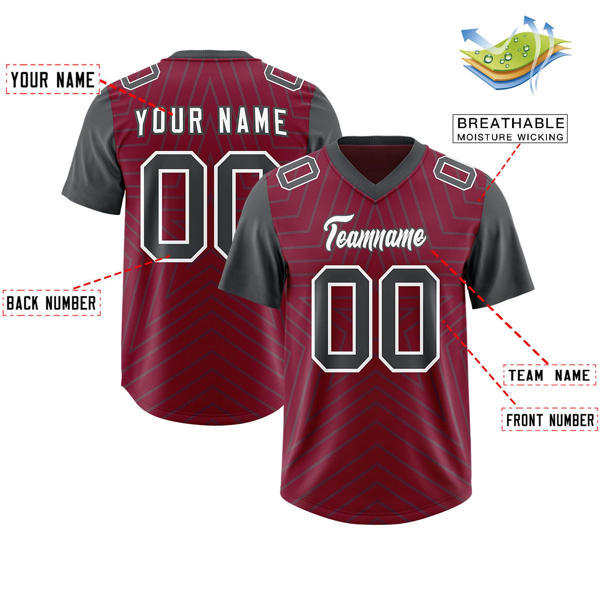 Benutzerdefiniertes Cardinal Dark Grey personalisiertes Sternmuster mit Raglanärmeln, authentisches Fußballtrikot