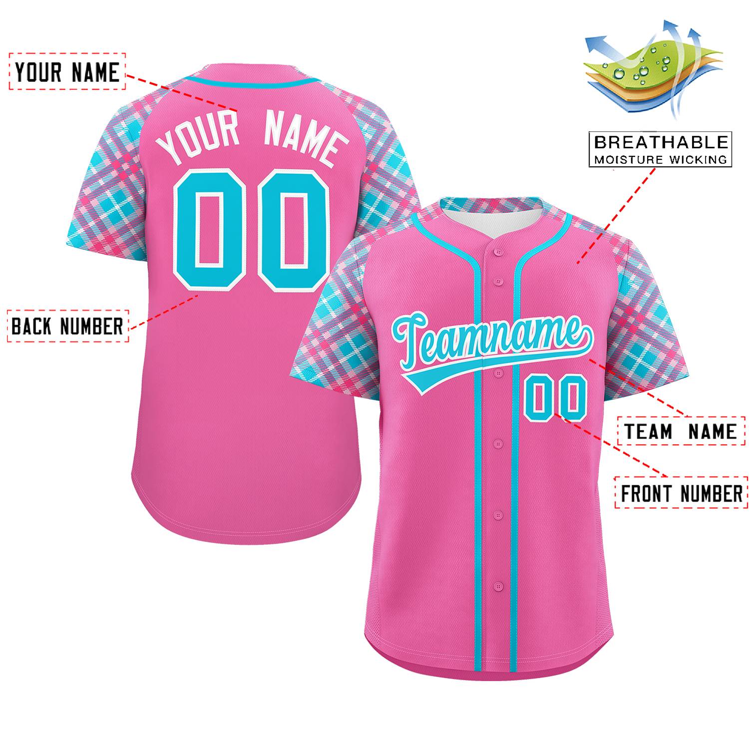 Benutzerdefiniertes rosa himmelblau-weißes personalisiertes authentisches Baseball-Trikot mit Raglanärmeln