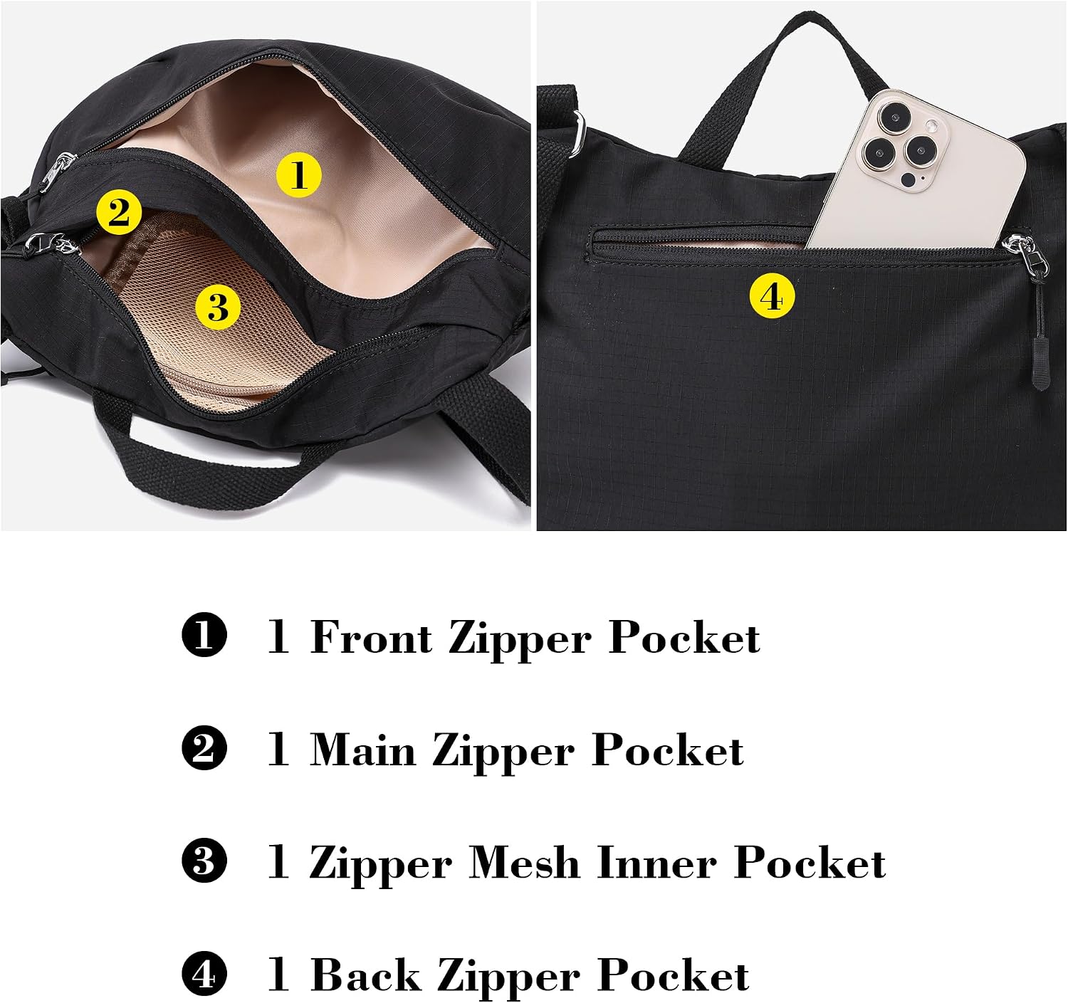Women's Nylon Crescent Crossbody Bag Packable Travel Purse Black