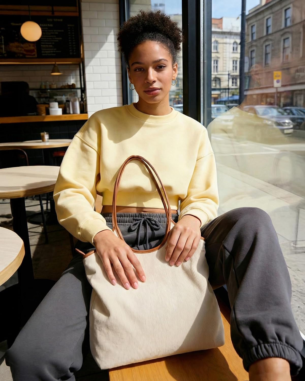 Women's Corduroy Tote Bag with PU Handles and Zipper