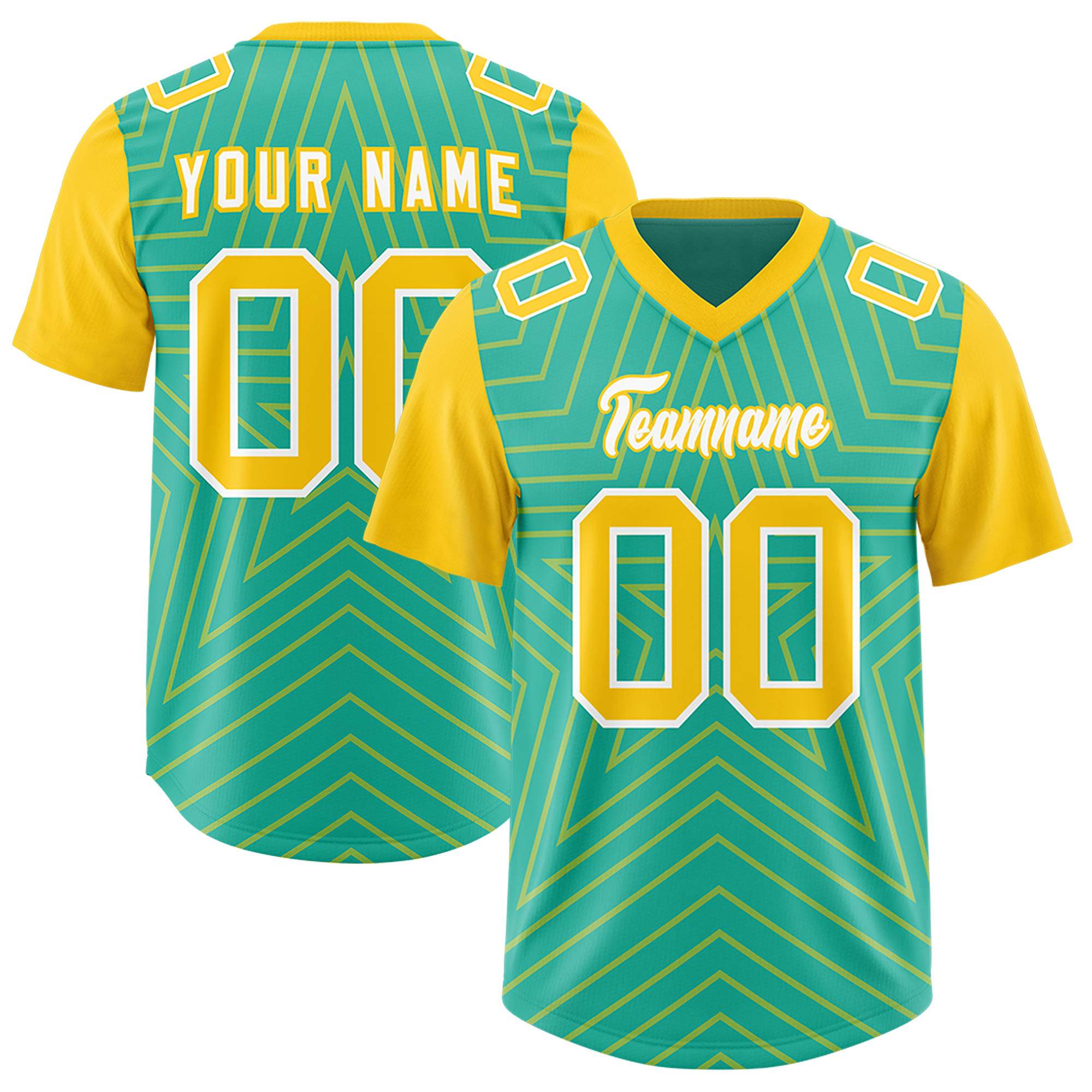 Benutzerdefiniertes leuchtendes Grün-Gold, personalisiertes Sternmuster, Raglanärmel, authentisches Fußballtrikot