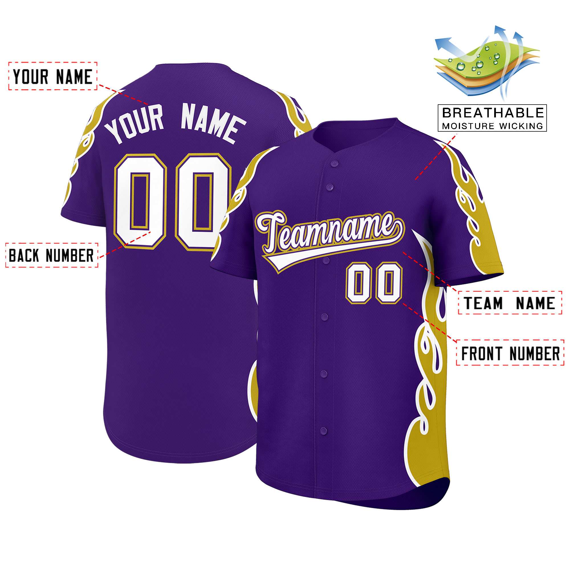 Benutzerdefiniertes Baseball-Trikot mit Seitenflammen-Umrissmuster für Sportuniformen