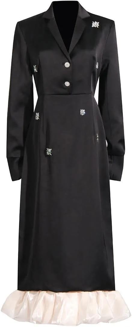 Women's Embellished Satin Midi Dress Lapel Long Sleeve Black