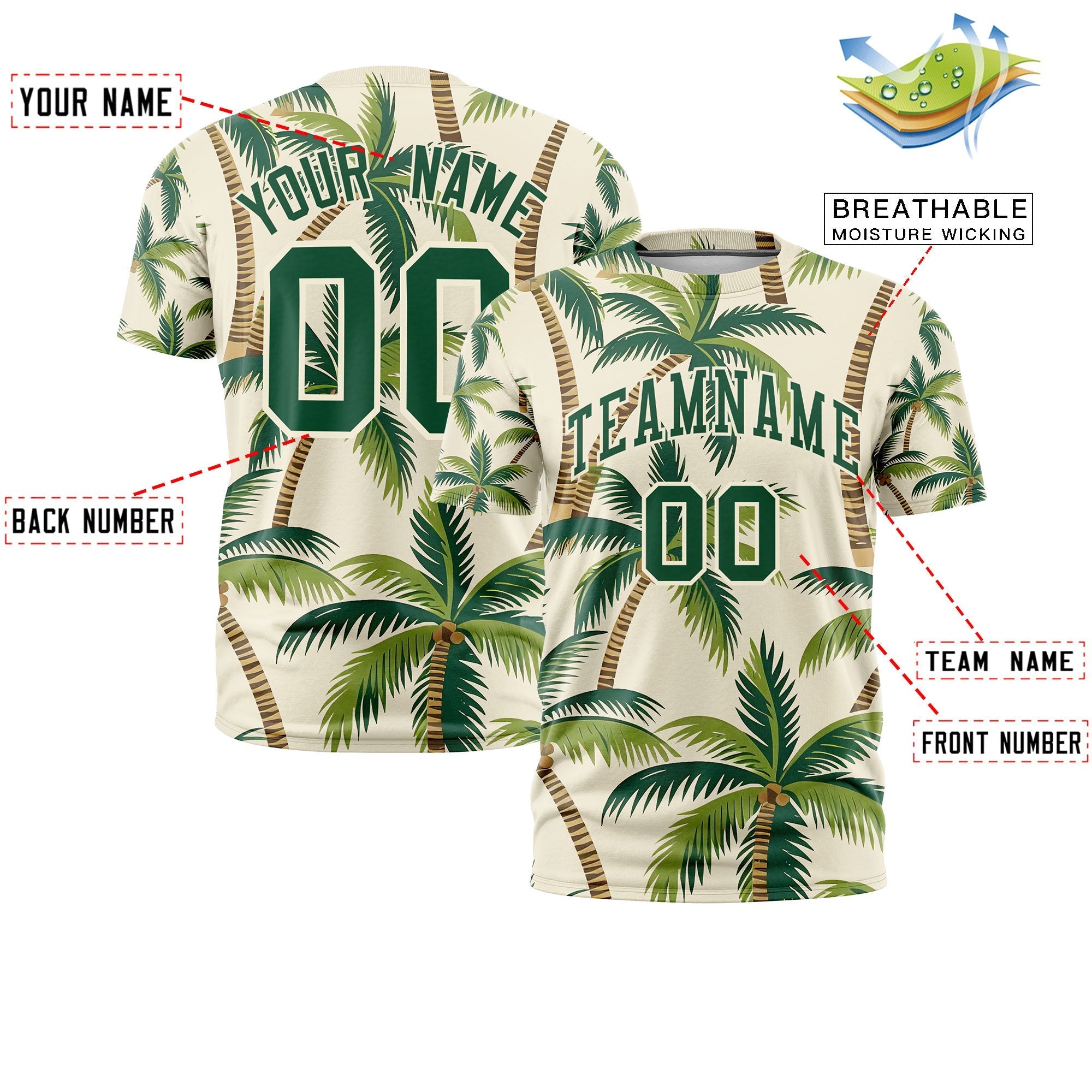Benutzerdefiniertes T-Shirt im hawaiianischen Stil mit dunkelgrünem, cremefarbenem Graffiti-Muster