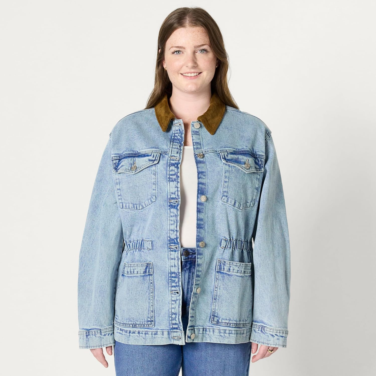 Women's Corduroy Collar Cinched Waist Denim Barn Jacket Women's Corduroy Collar Cinched Waist Denim Barn Jacket