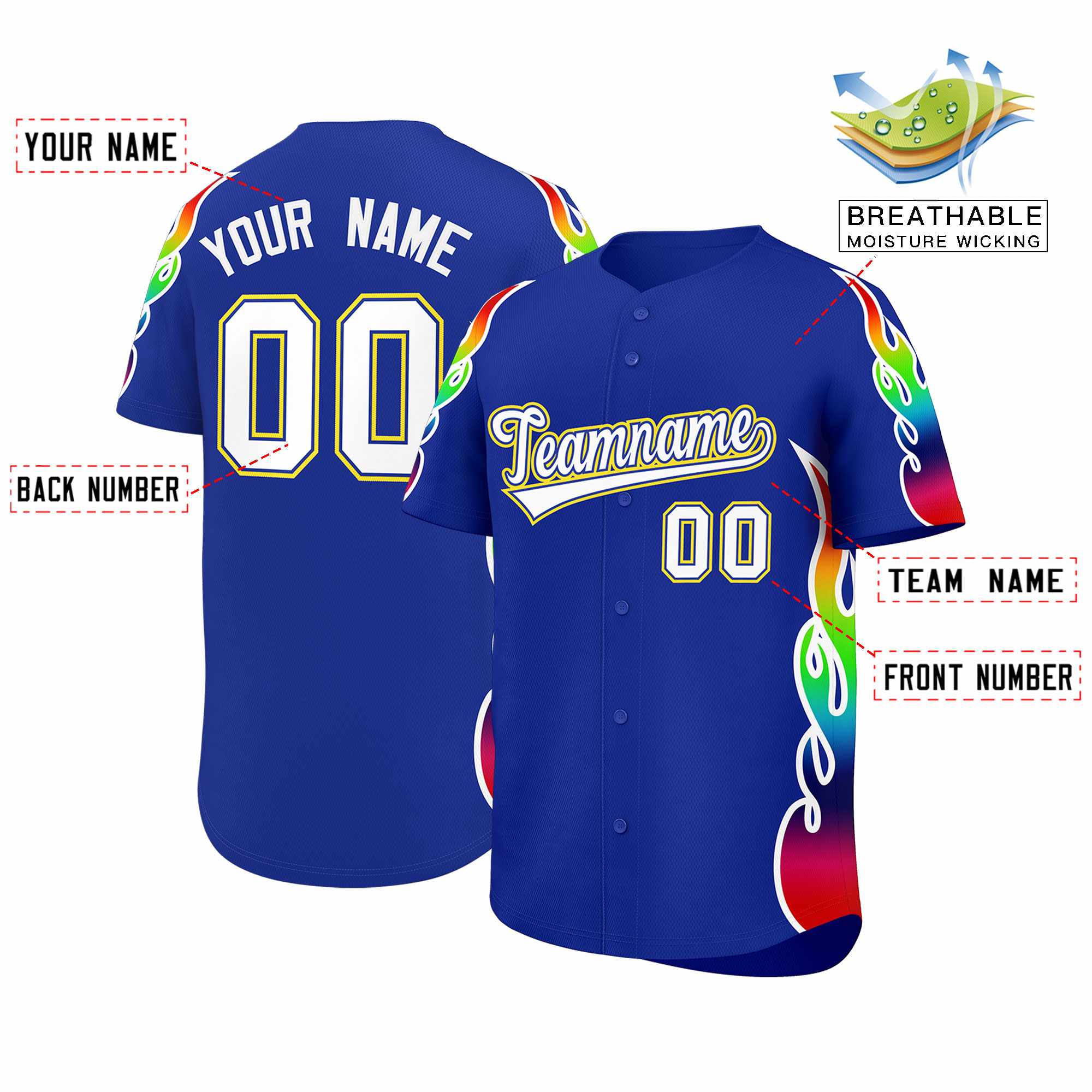 Benutzerdefiniertes Graffiti-Muster, personalisierter mehrfarbiger Flammendruck, authentisches Baseball-Trikot