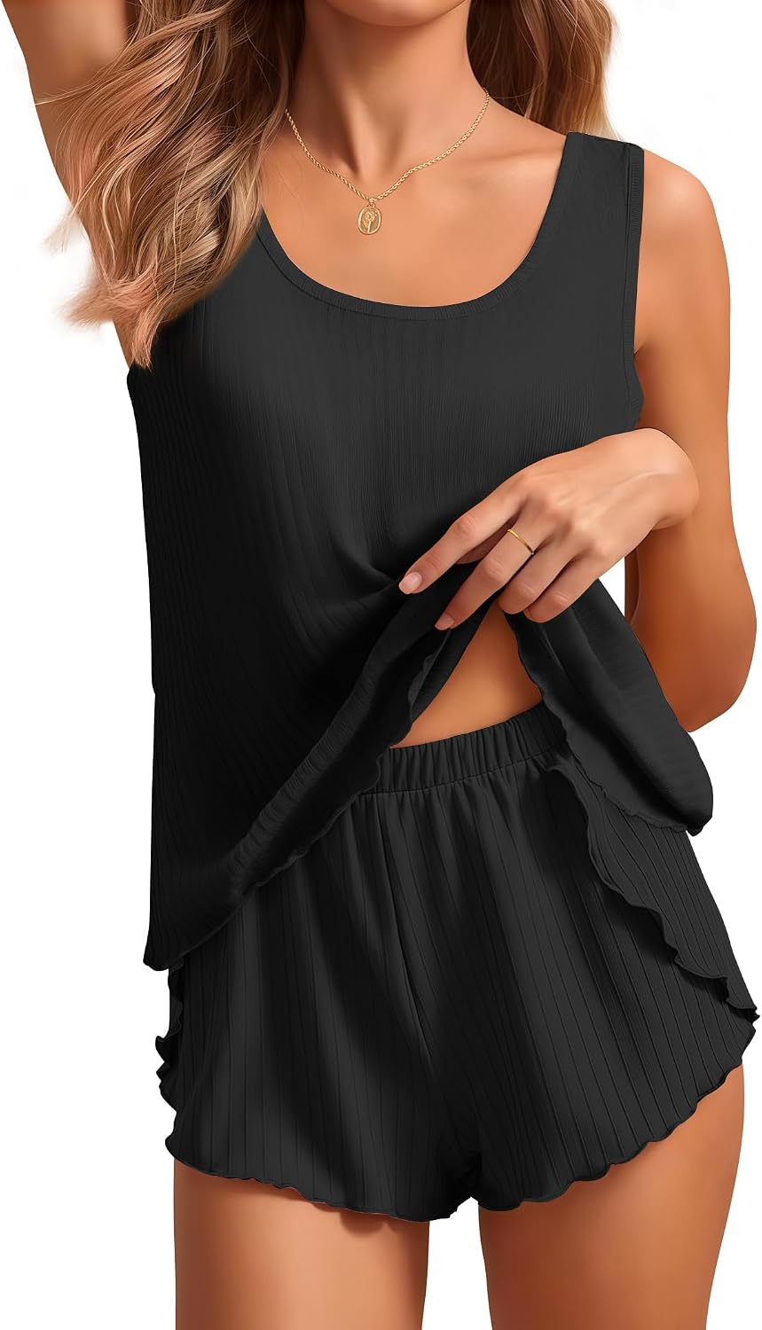 Women's Sleeveless Tank and Shorts Pajama Set Ruffle Trim