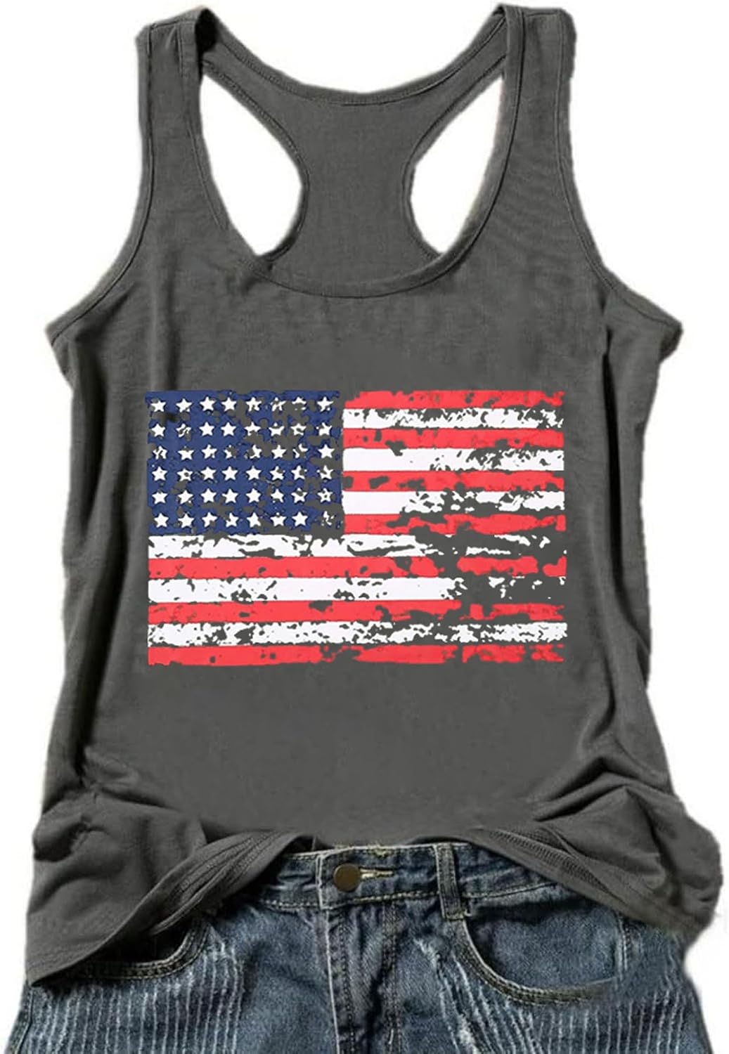 Women's American Flag Print Racerback Tank, Gray Women's American Flag Print Racerback Tank, Gray
