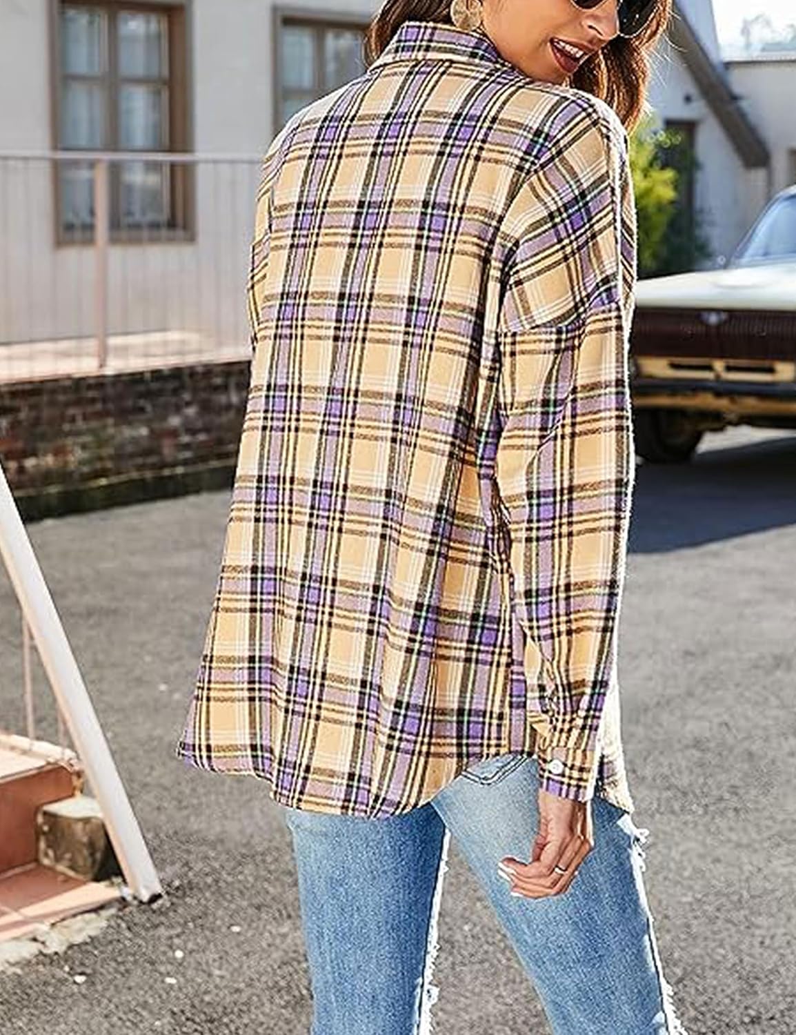 Womens Flannel Plaid Shirts Oversized Lightweight Buffalo Button Down Shirt Blouse Tops