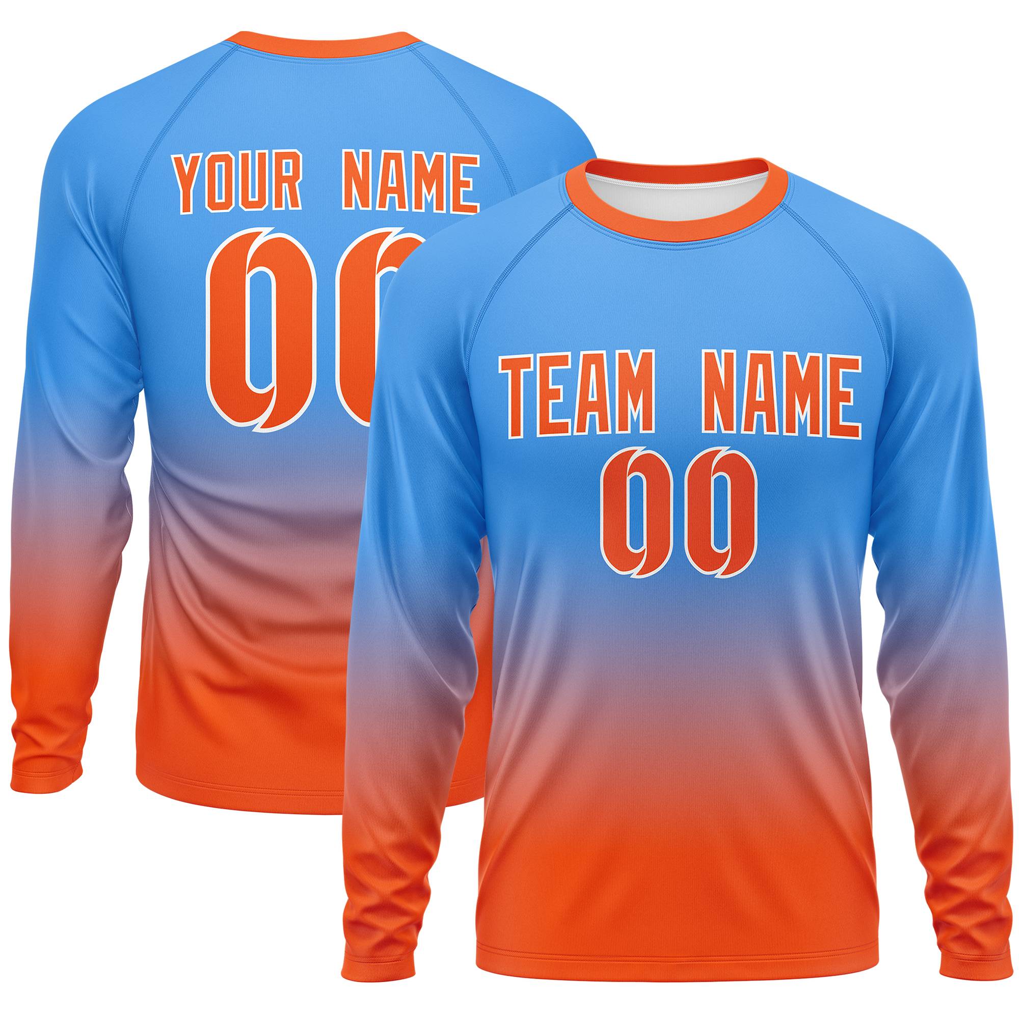 Benutzerdefiniertes Langarm-Performance-T-Shirt mit Farbverlauf in Puderblau-Orange