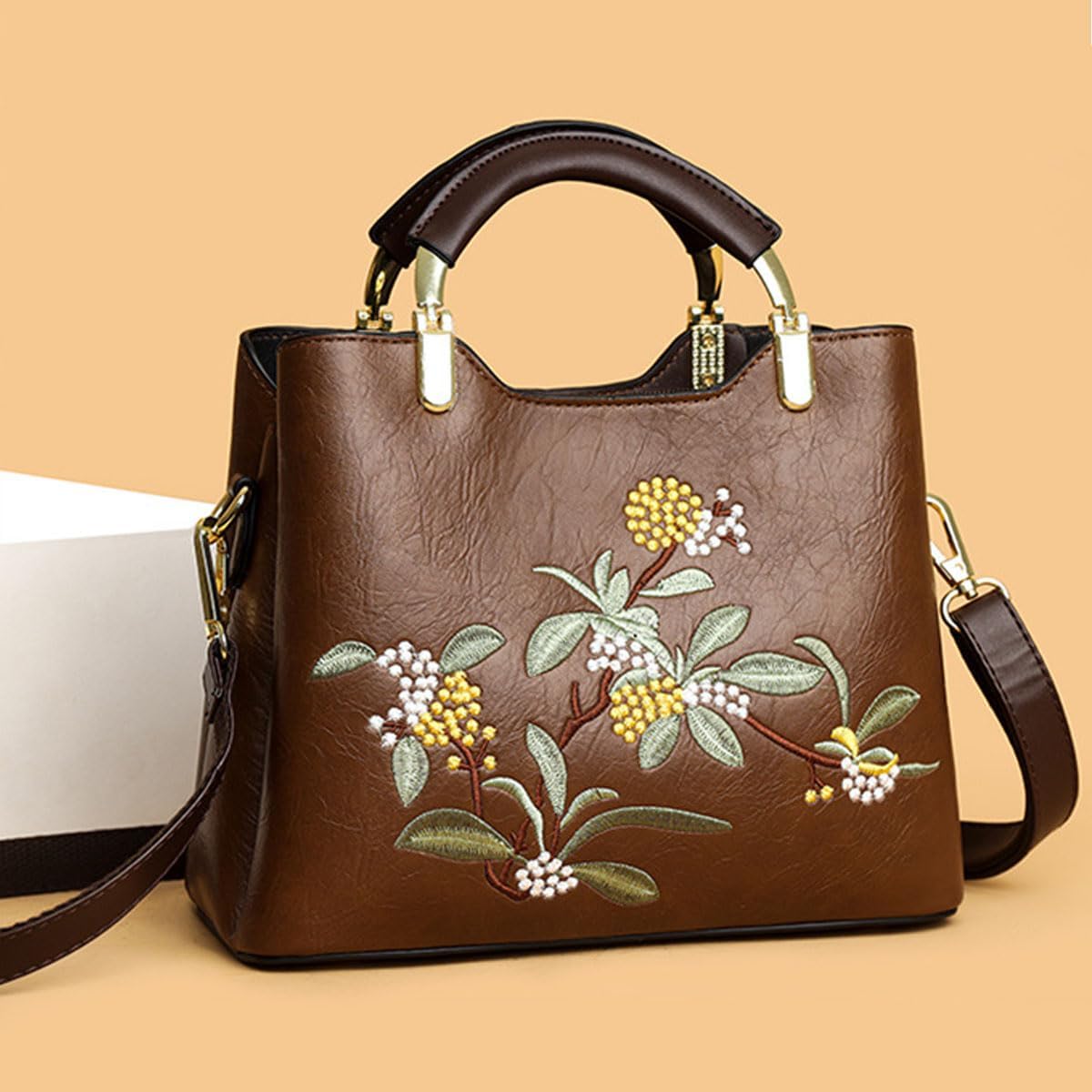 Women's Floral Embroidered Vegan Leather Handbag, Brown Women's Floral Embroidered Vegan Leather Handbag, Brown