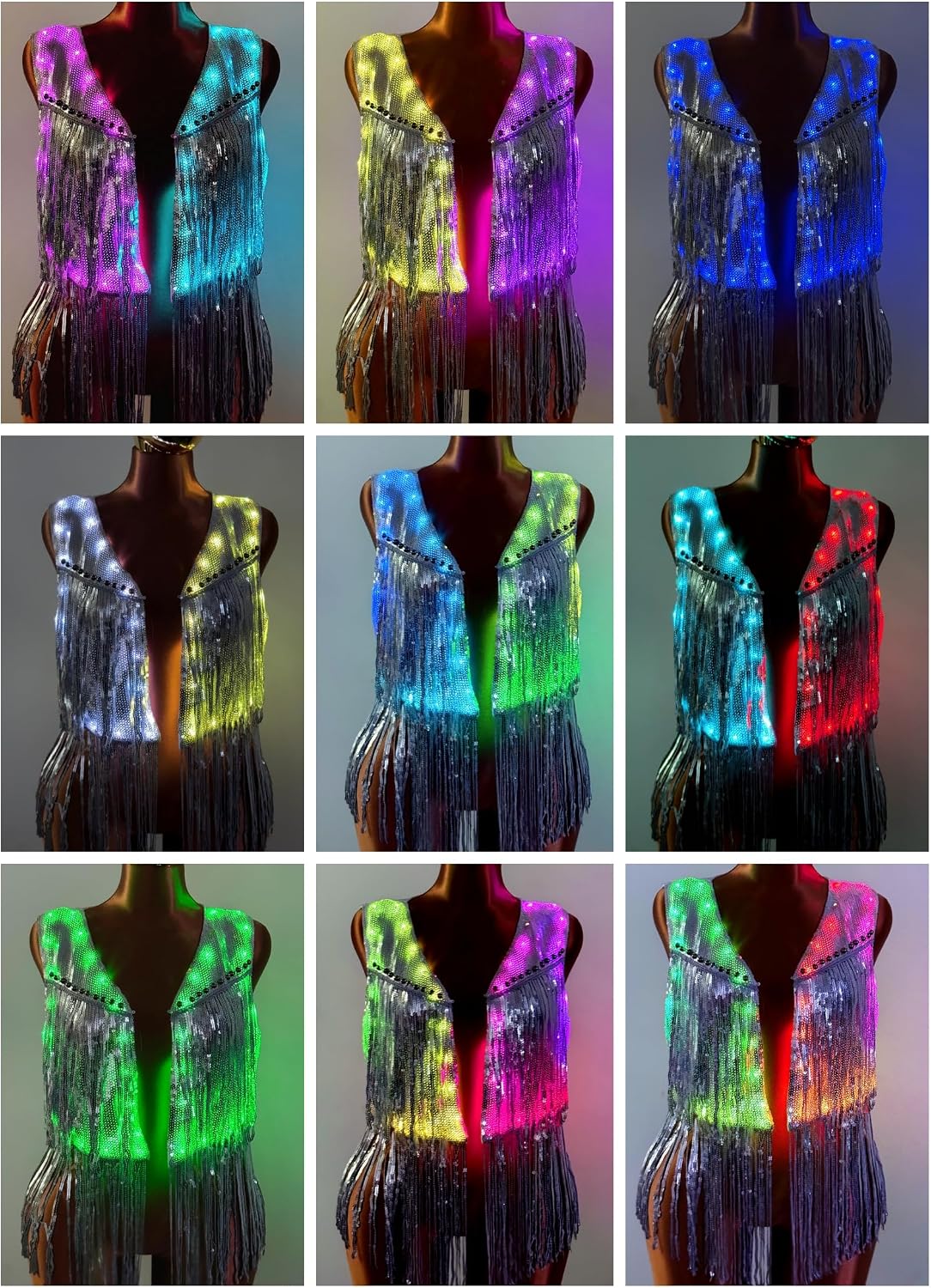 Women's Light Up Sequin Fringe Vest Festival Silver