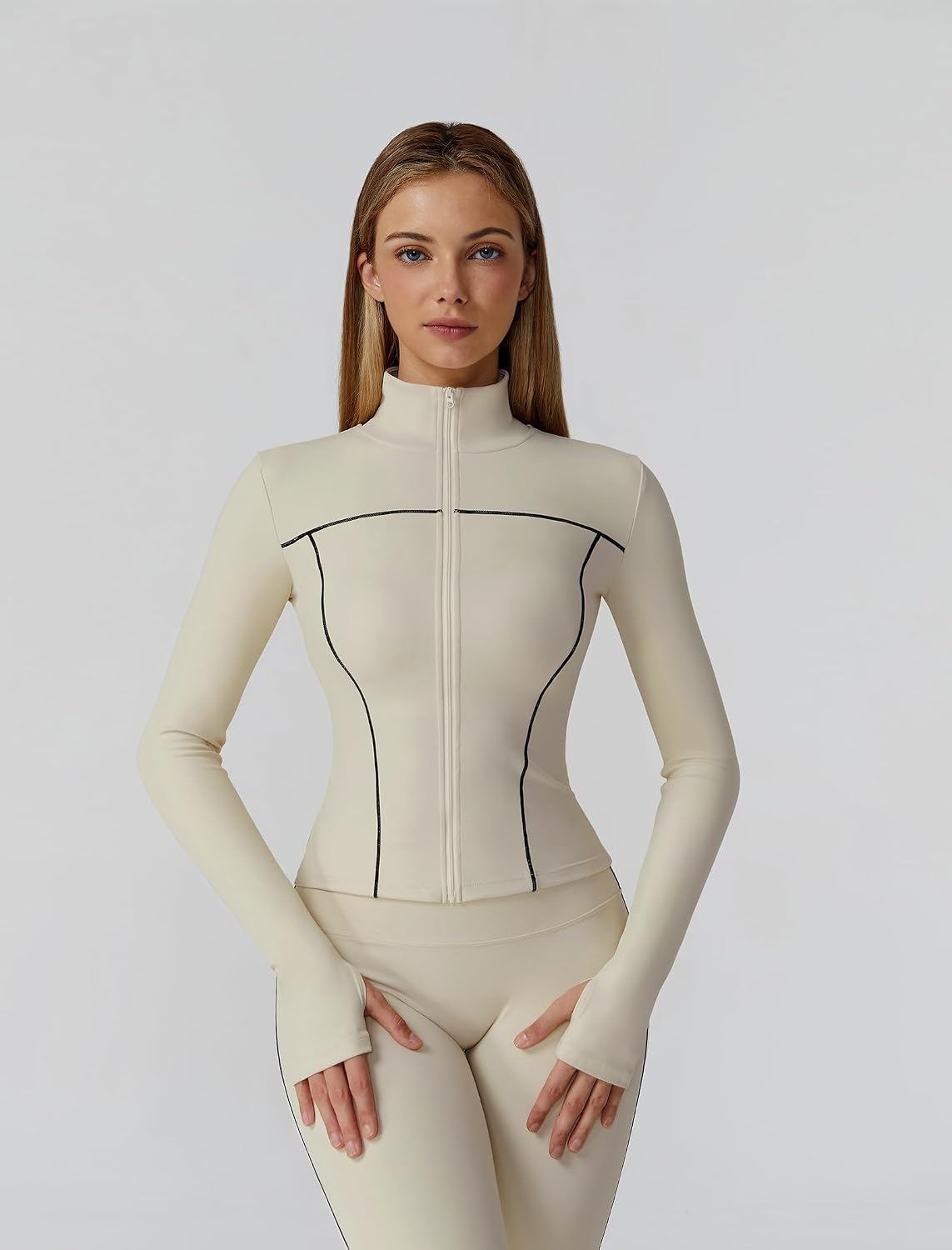 Women's 3 Piece Zip Jacket Bra Leggings Set Cream