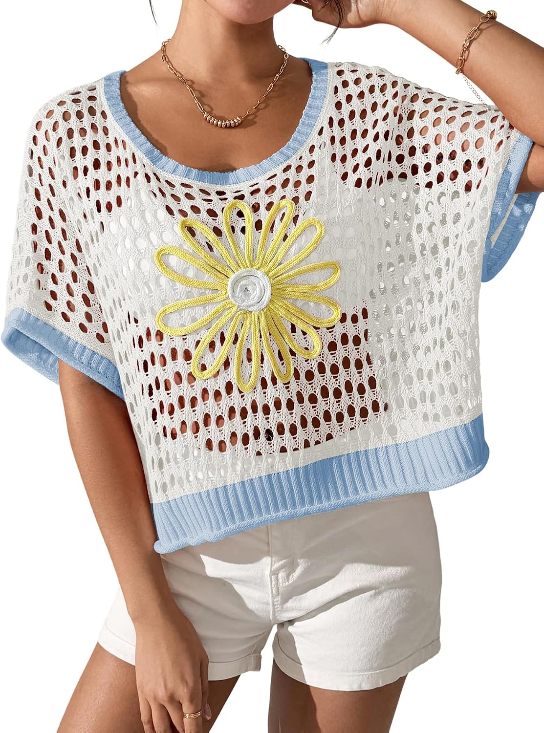 Women's Daisy Applique Open Knit Pullover