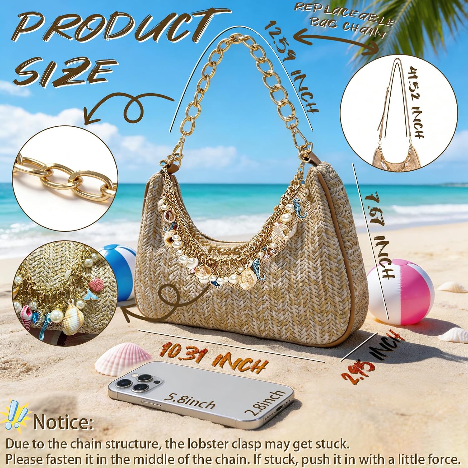 Women's Straw Shell Charm Shoulder Bag