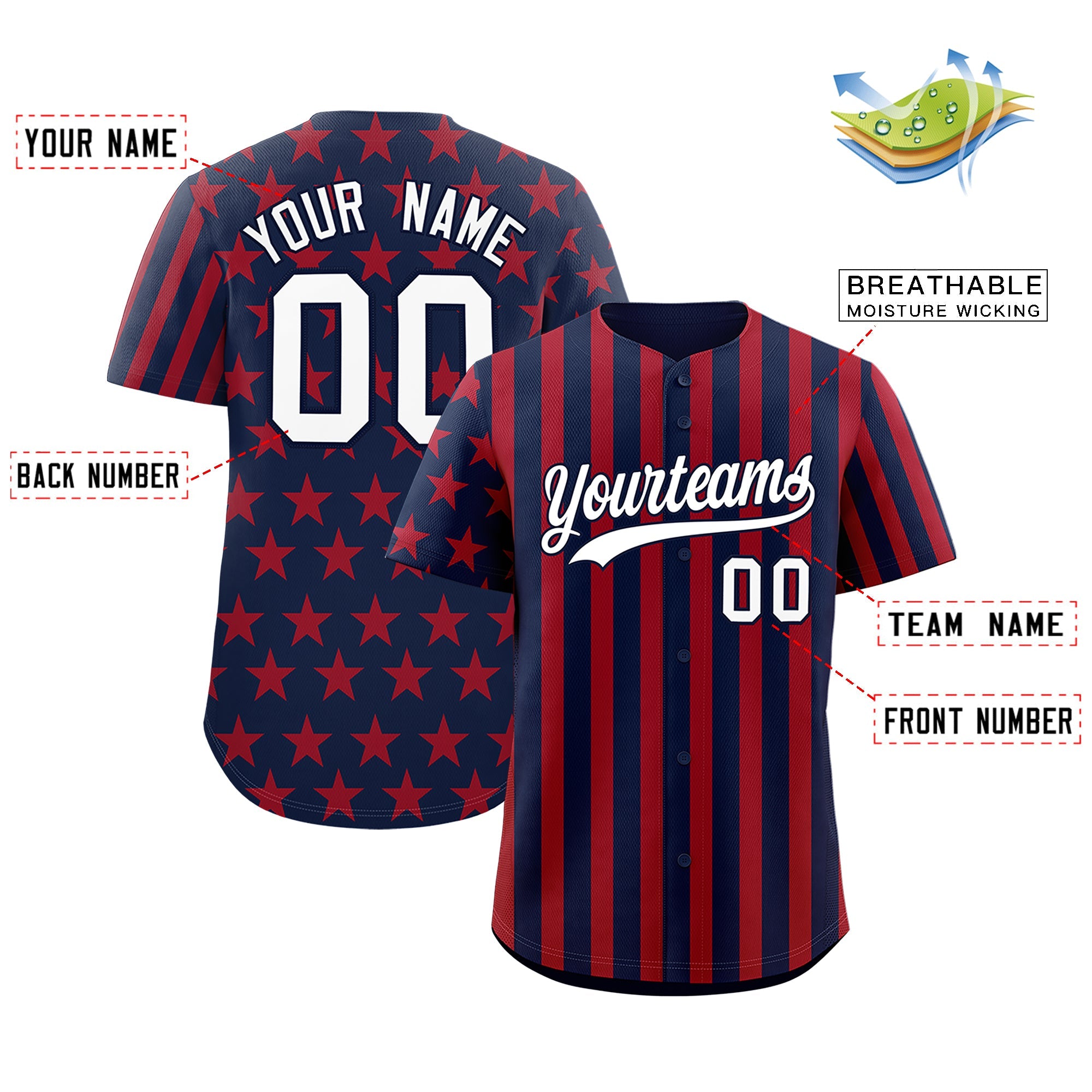 Benutzerdefiniertes Graffiti-Muster-Baseball-Trikot mit amerikanischer Flagge