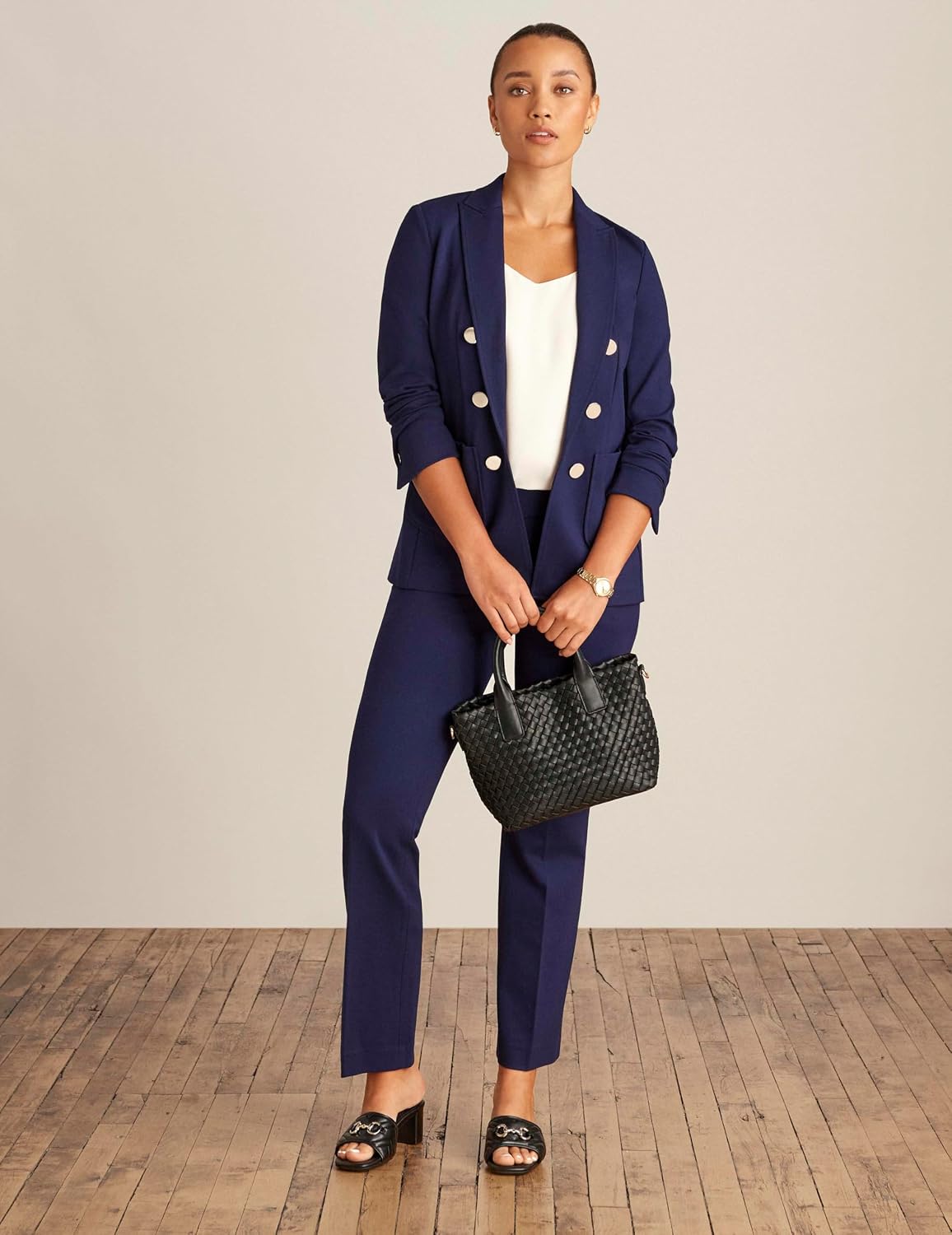 Women's Gold Button Double Breasted Blazer Navy