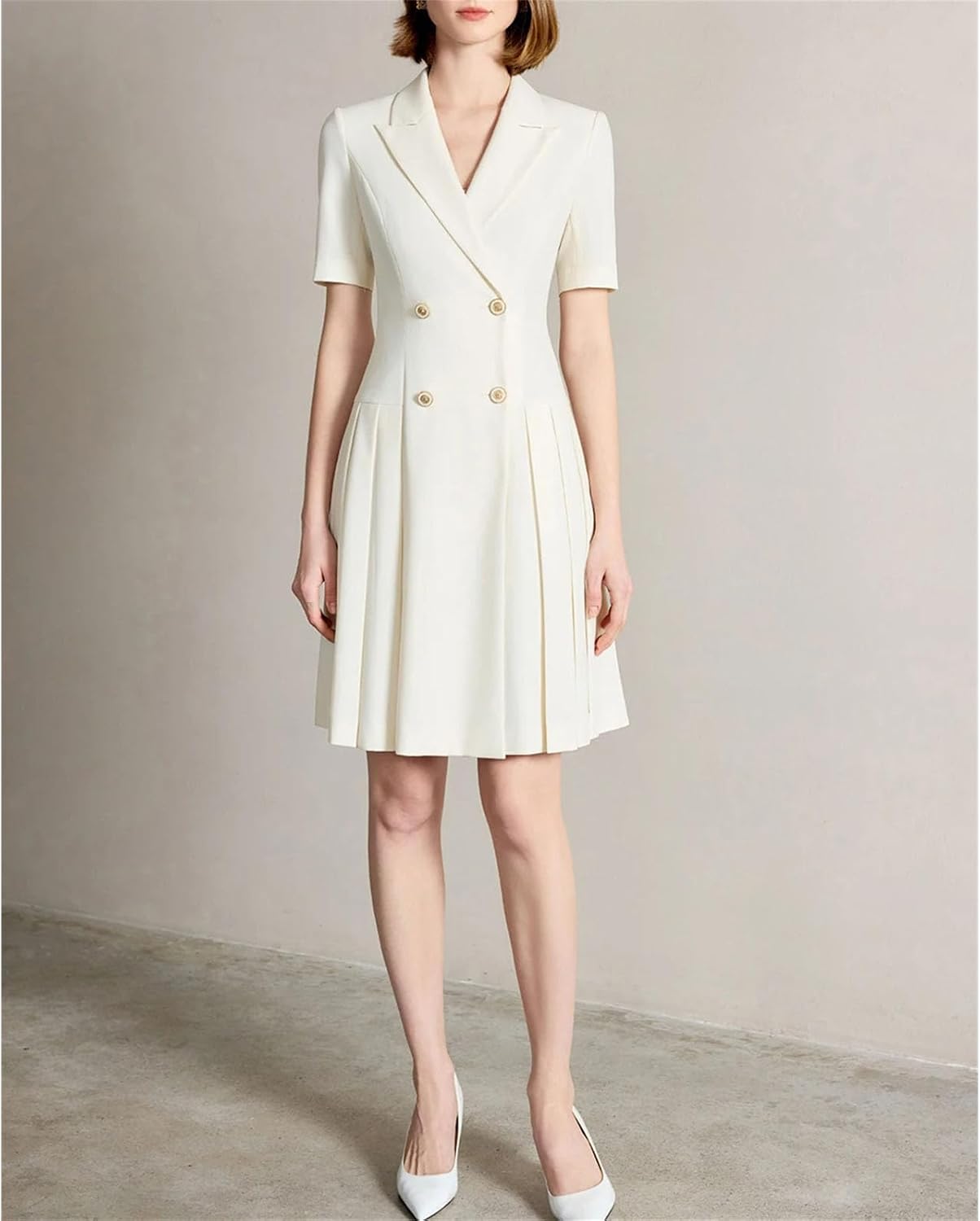 Women's Double Breasted Blazer Dress Short Sleeve Pleated White