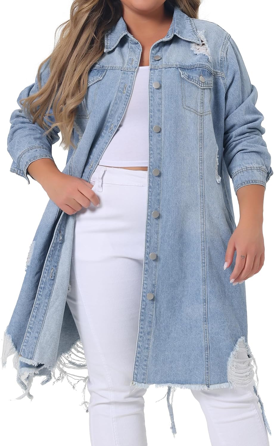 Women's Plus Size Distressed Long Denim Jacket Frayed Hem