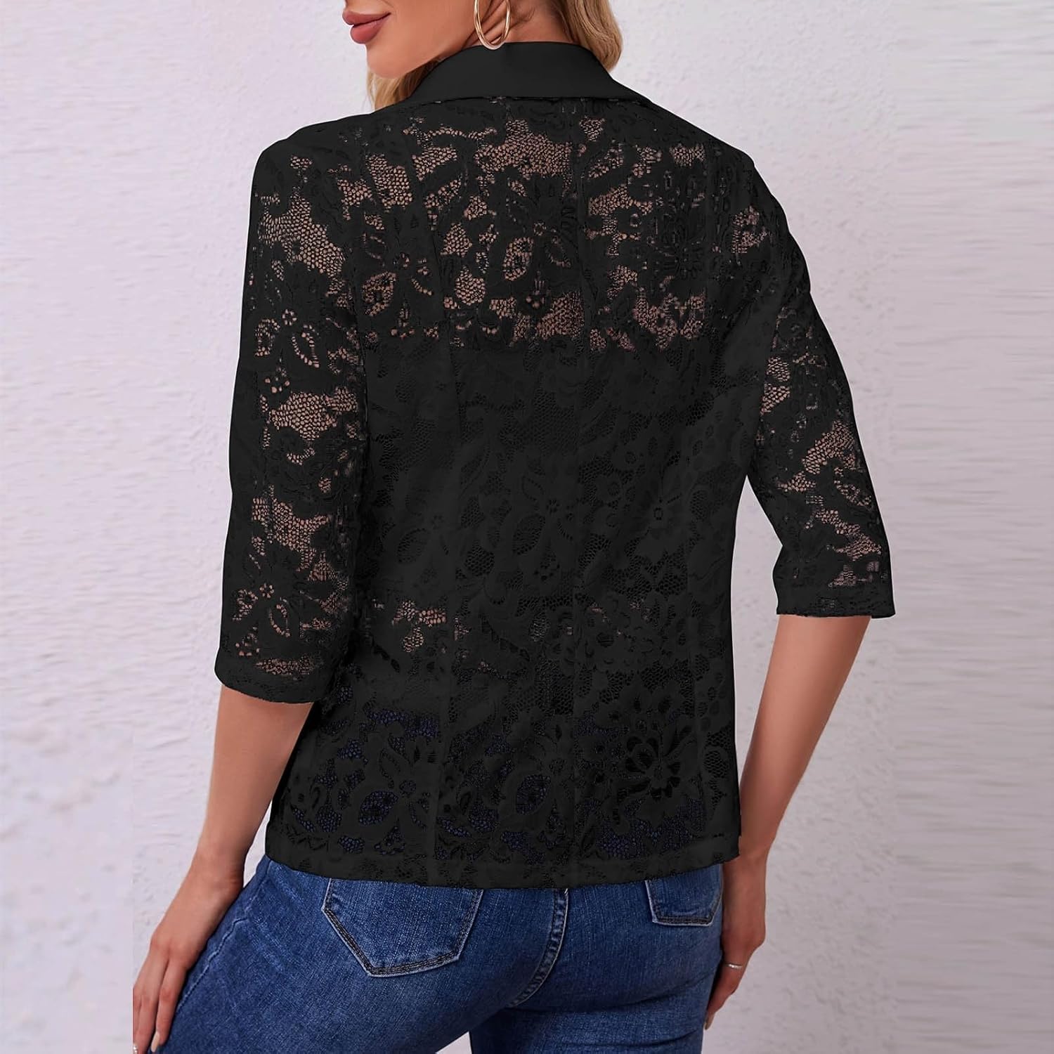 Women's Lace Blazer Open Front Button Down Sheer Mesh Blazers Elegant 3 4 Sleeve Notched Lapel Suit Jackets