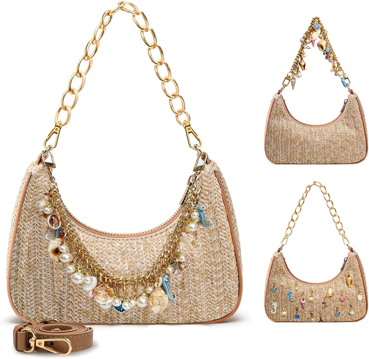 Women's Straw Shell Charm Shoulder Bag