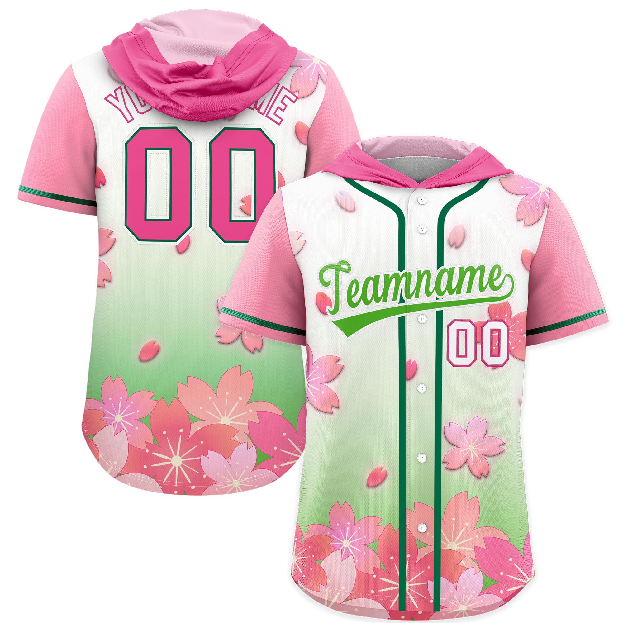 Benutzerdefinierte hellgrüne Kirschblüten-Raglanärmel, feuchtigkeitsableitendes Baseball-Kapuzentrikot Benutzerdefinierte hellgrüne Kirschblüten-Raglanärmel, feuchtigkeitsableitendes Baseball-Kapuzentrikot