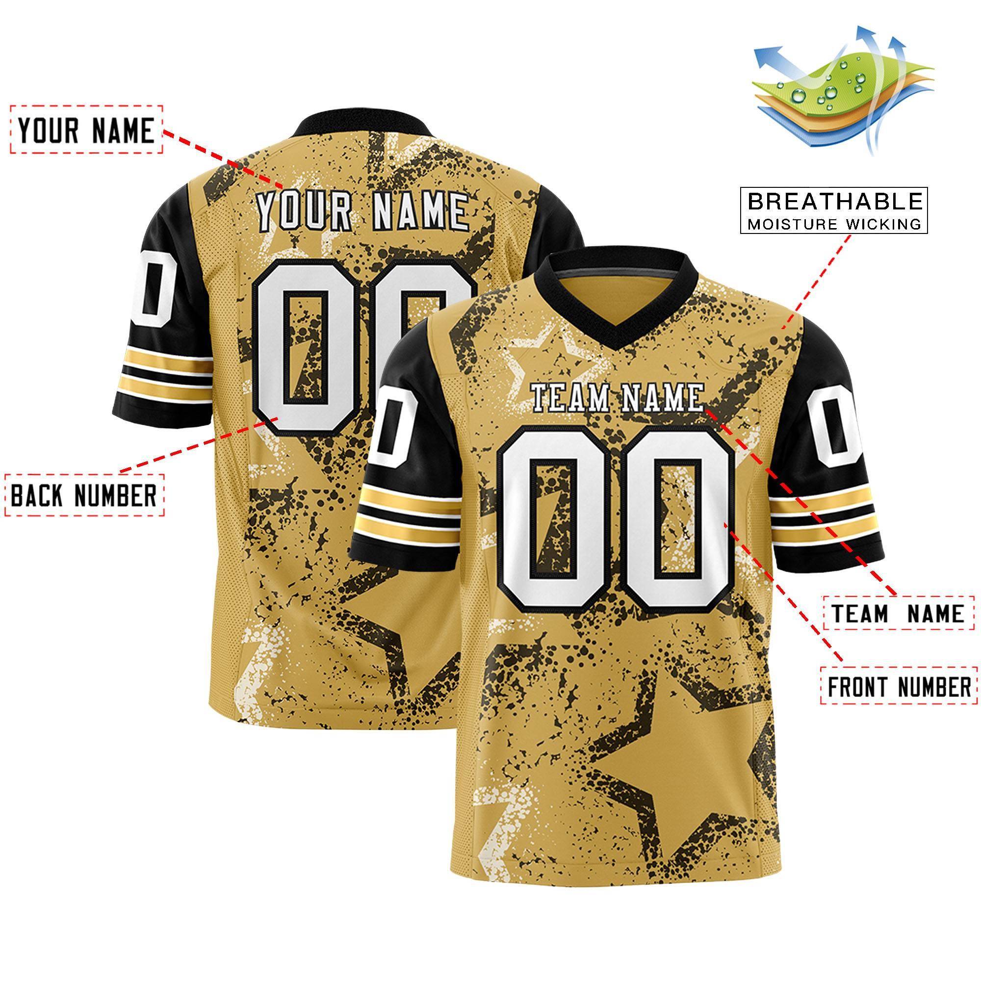 Benutzerdefiniertes Schwarz Altgold-Weiß Personalisiertes Sternmuster Design Authentisches Fußballtrikot