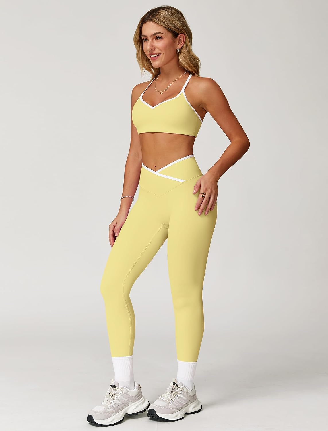 Women's Workout Set Strappy Sports Bra Leggings Yellow