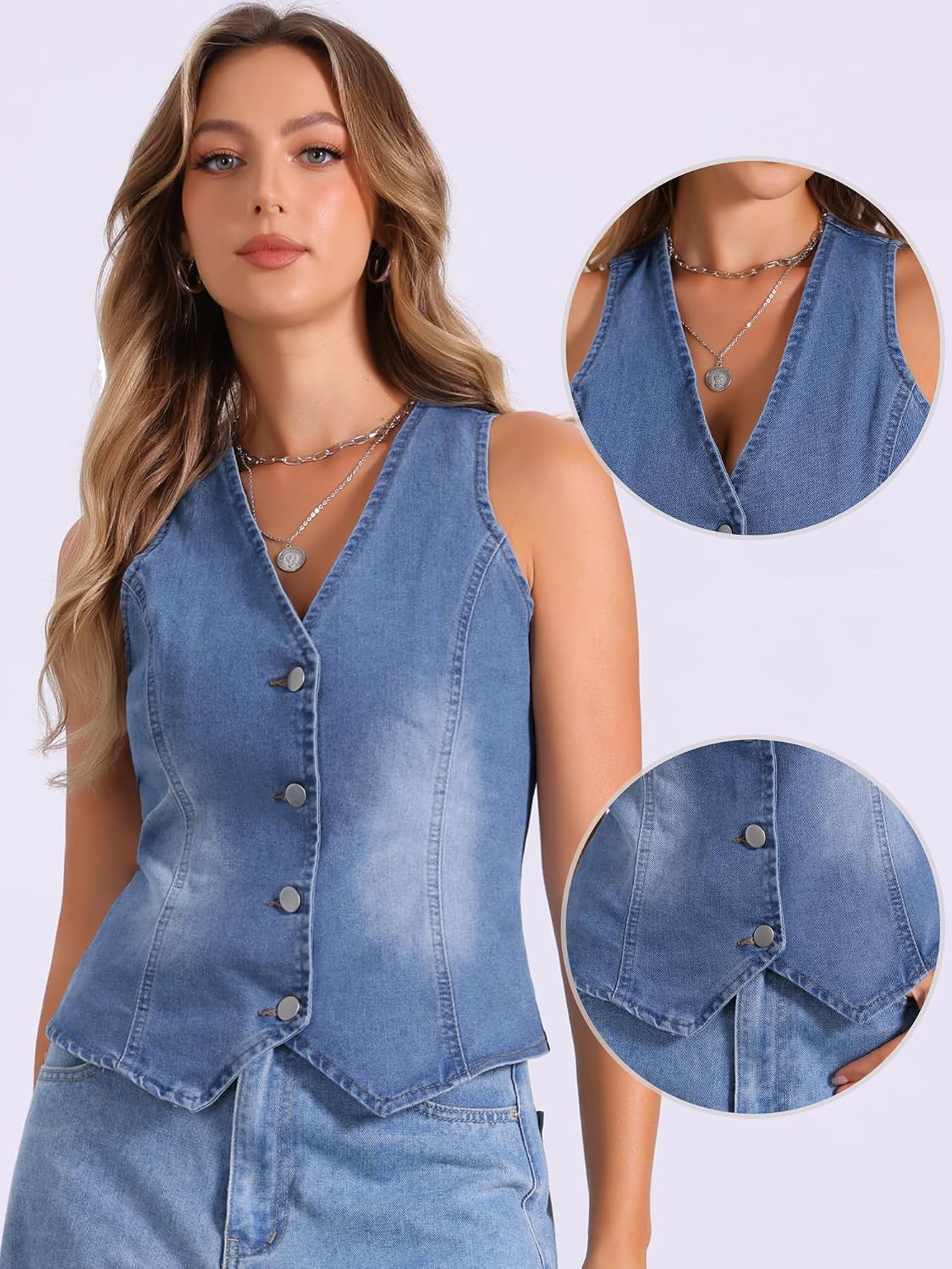 Women's V Neck Denim Vest Button Down Belted Waistcoat