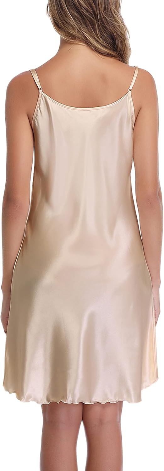 Women's Champagne Satin Chemise V Neck Lace Trim