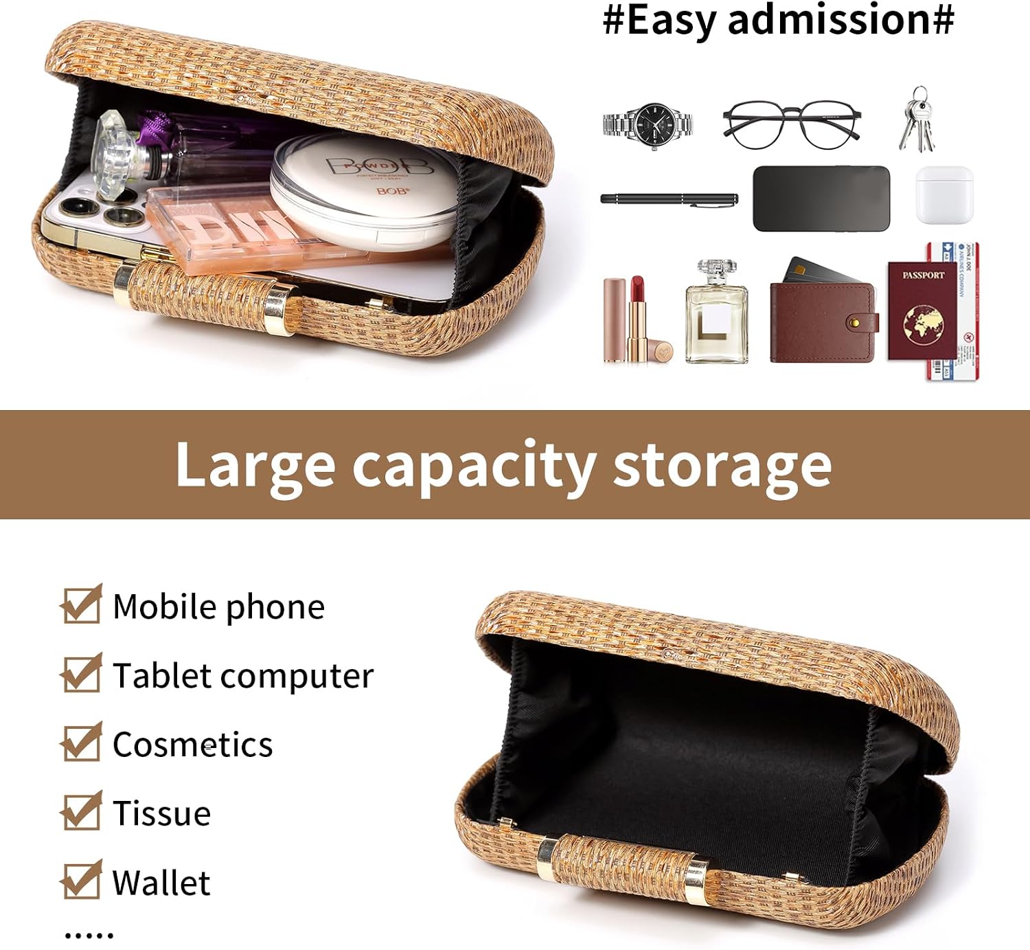 Women's Straw Box Clutch Woven Evening Bag with Chain Women's Straw Box Clutch Woven Evening Bag with Chain