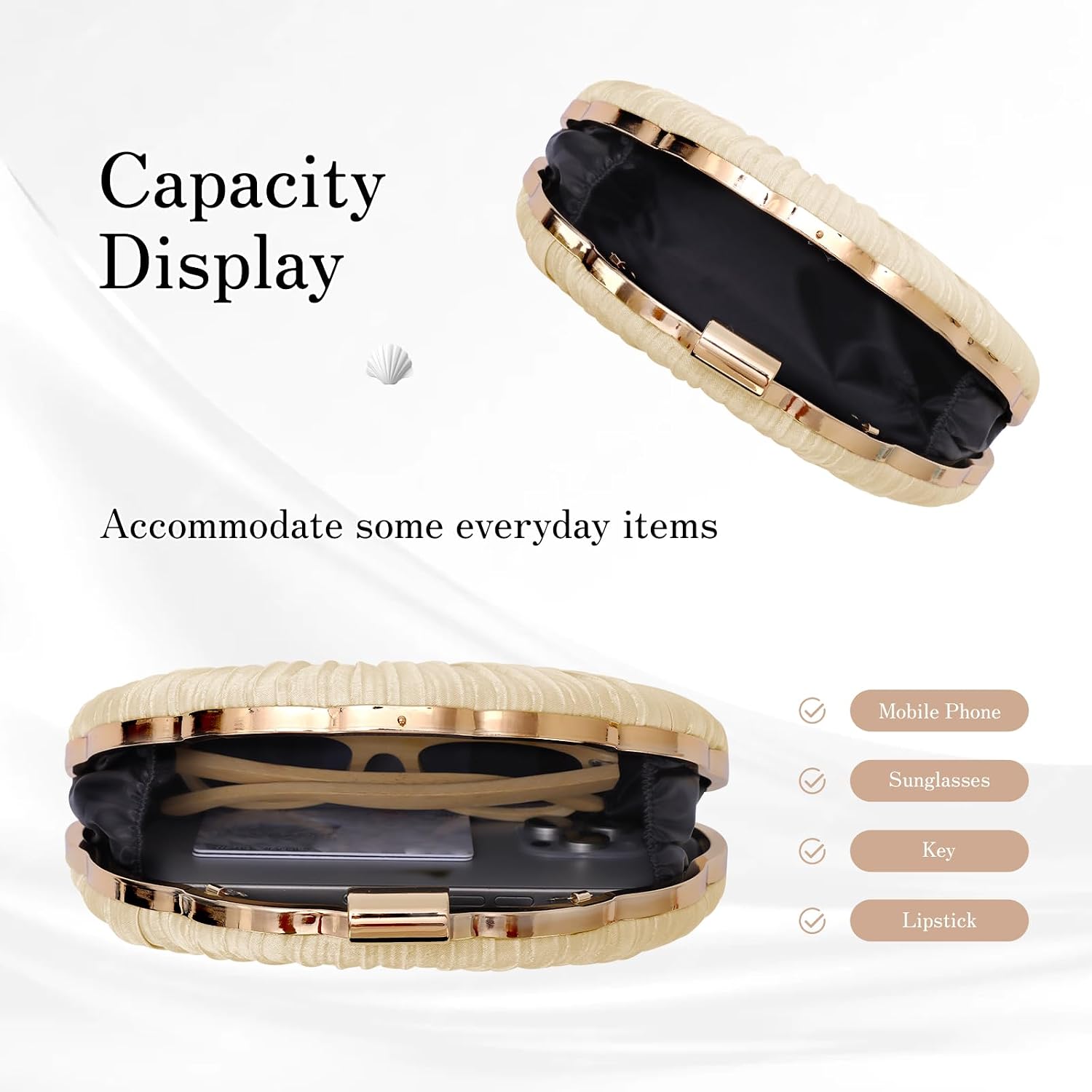 Women's Ivory Pleated Shell Clutch with Gold Chain
