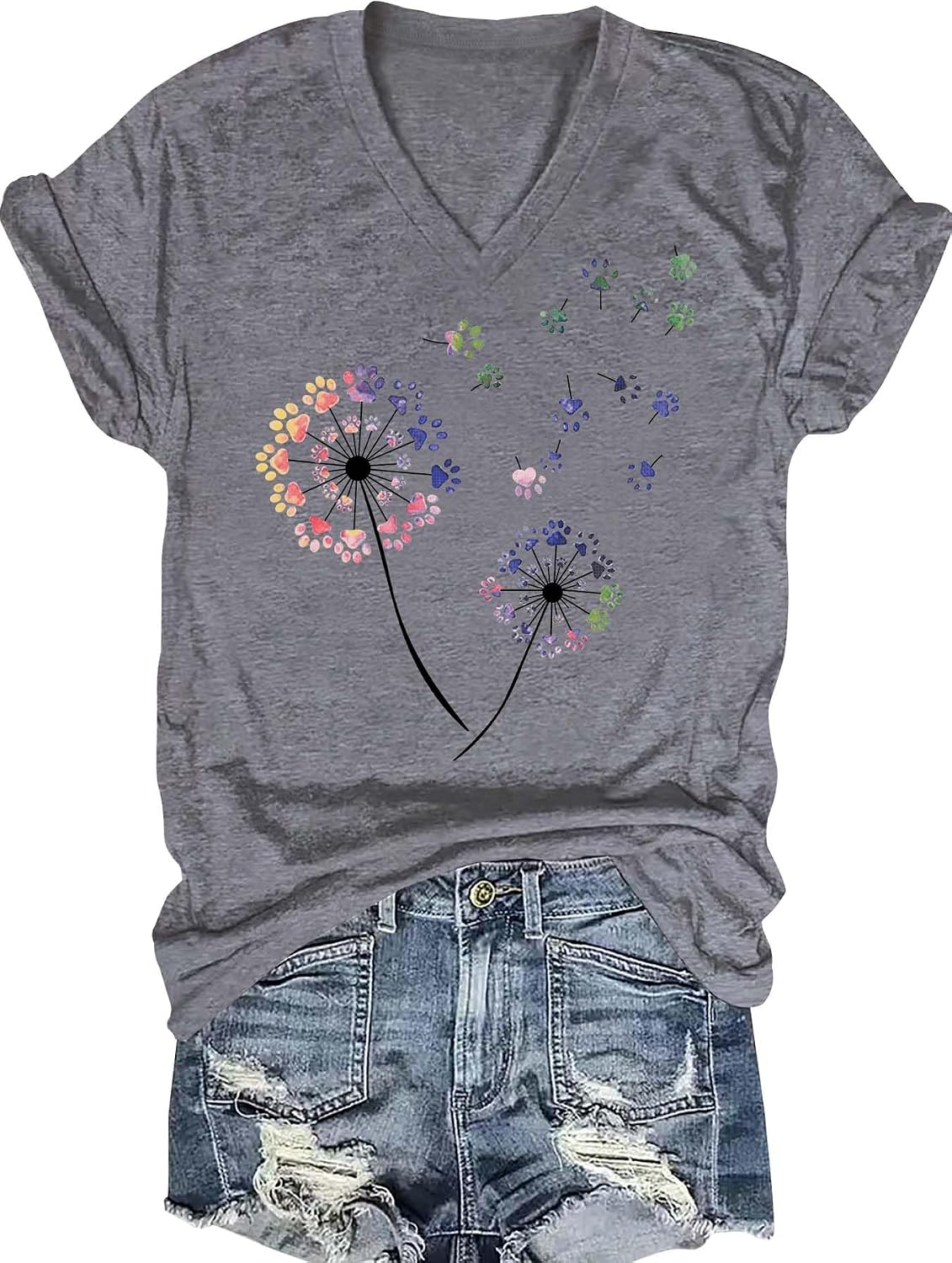 Women's Dandelion Paw Print Graphic V Neck T-Shirt