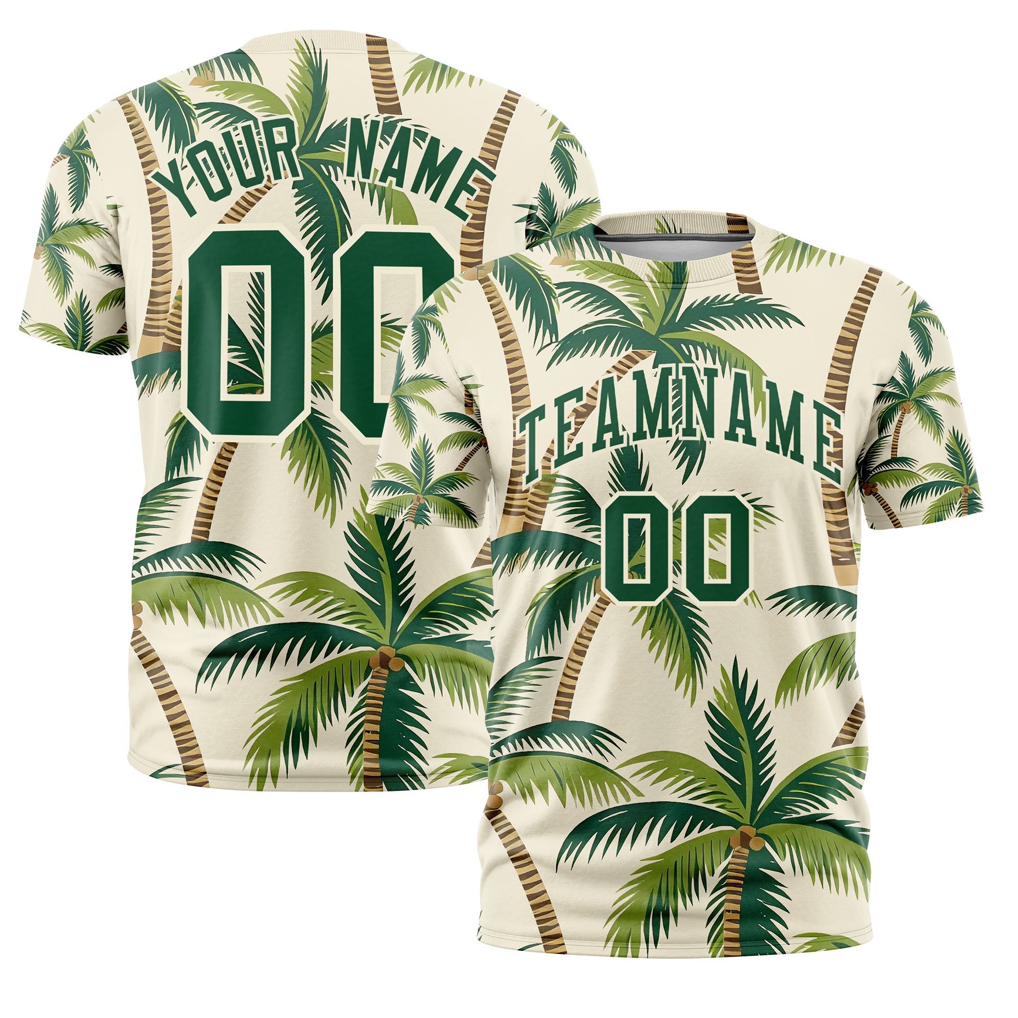 Benutzerdefiniertes T-Shirt im hawaiianischen Stil mit dunkelgrünem, cremefarbenem Graffiti-Muster
