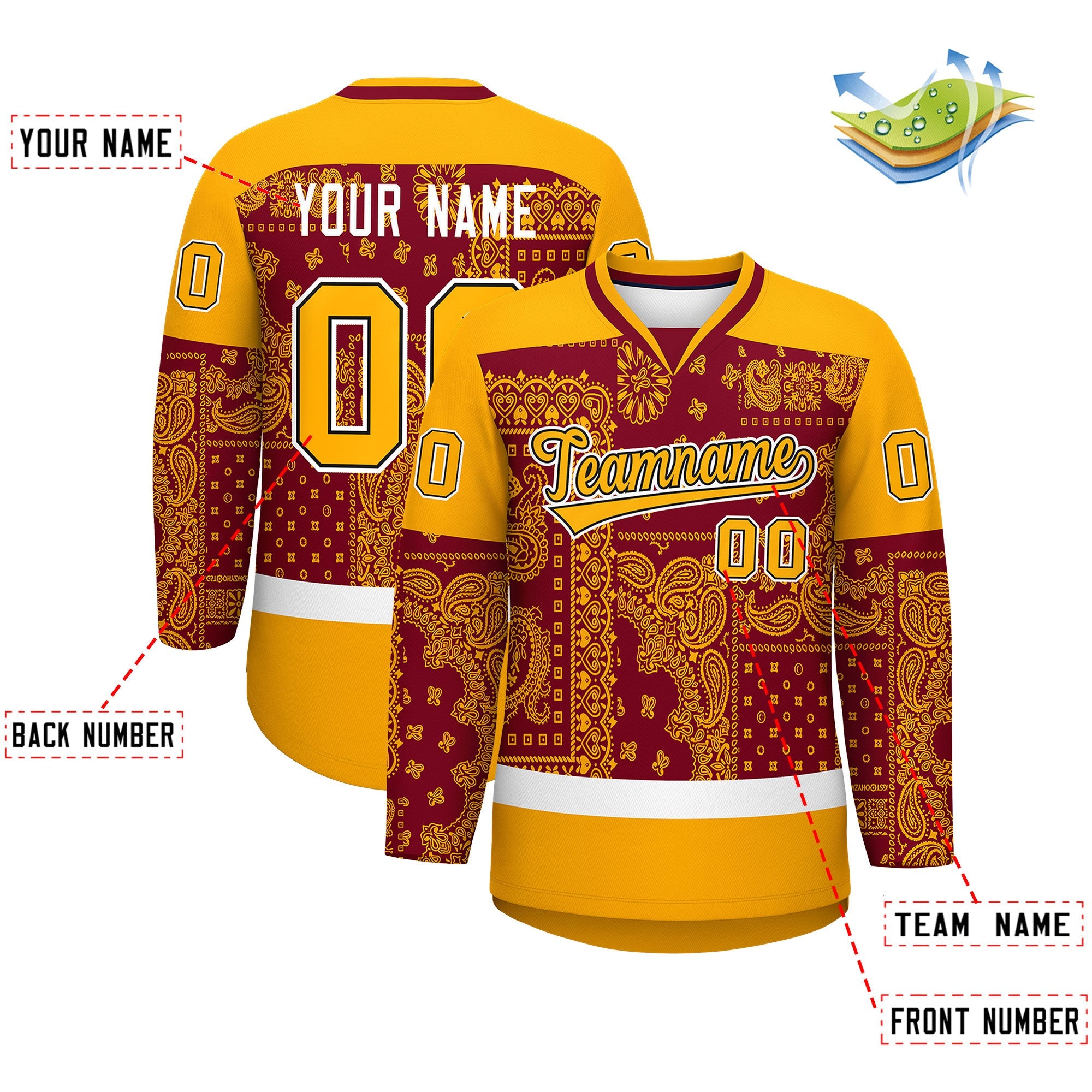 Custom Yellow Crimson White Cashew Flower Graffiti Pattern V-Neck Hockey Jersey