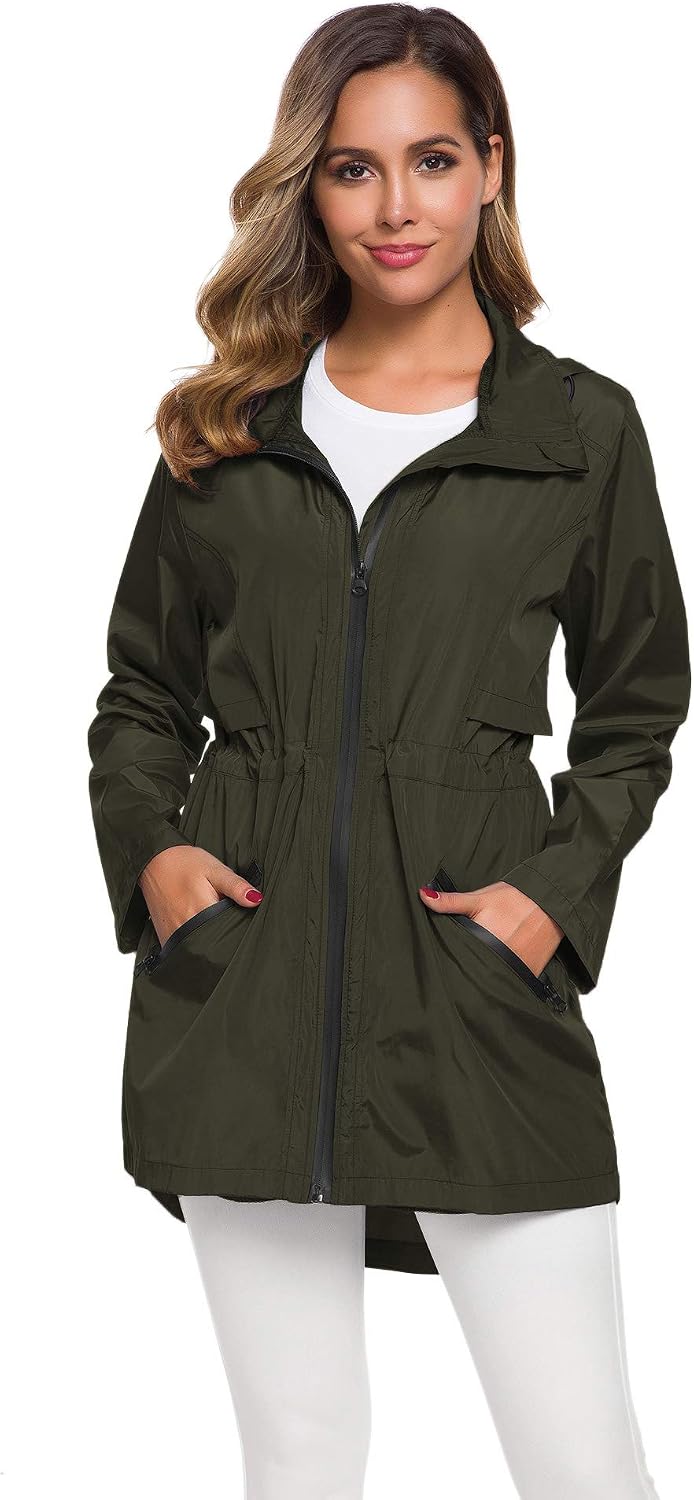 Women's Packable Long Rain Jacket Hooded Waterproof Army Green