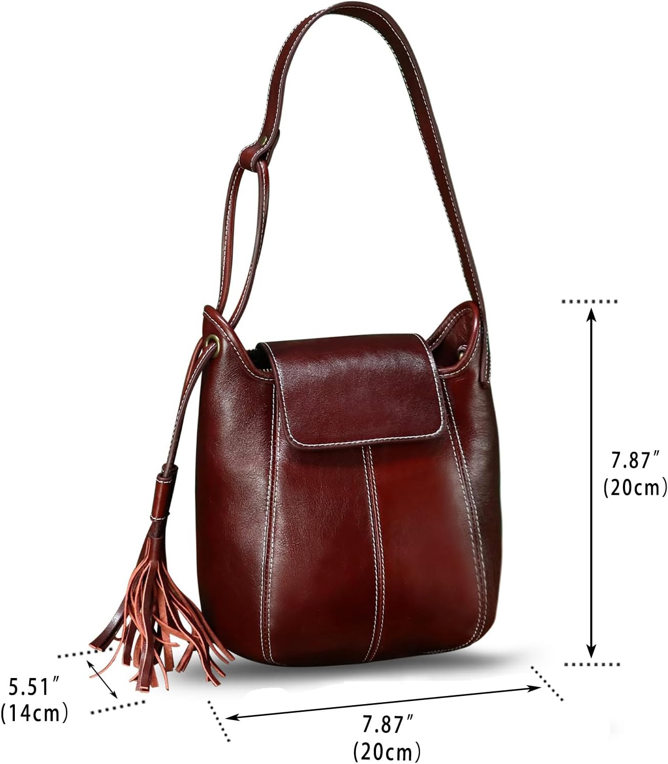 Women's Genuine Leather Hobo Bag with Tassel Burgundy