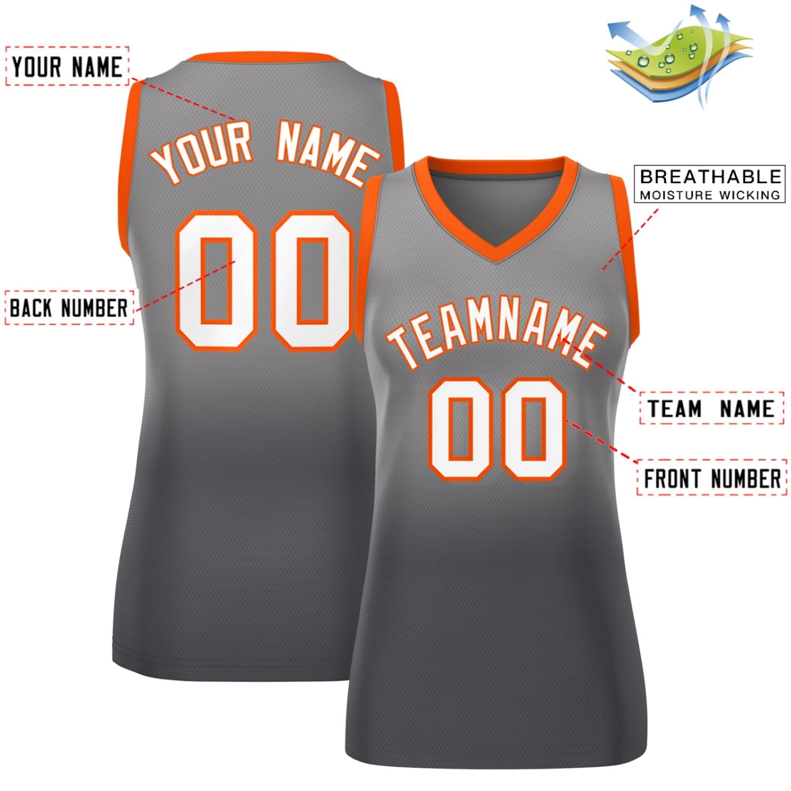 Benutzerdefinierte hellgraue dunkelgraue Farbverlaufs-Modeoberteile Mesh-Basketballtrikot für Damen