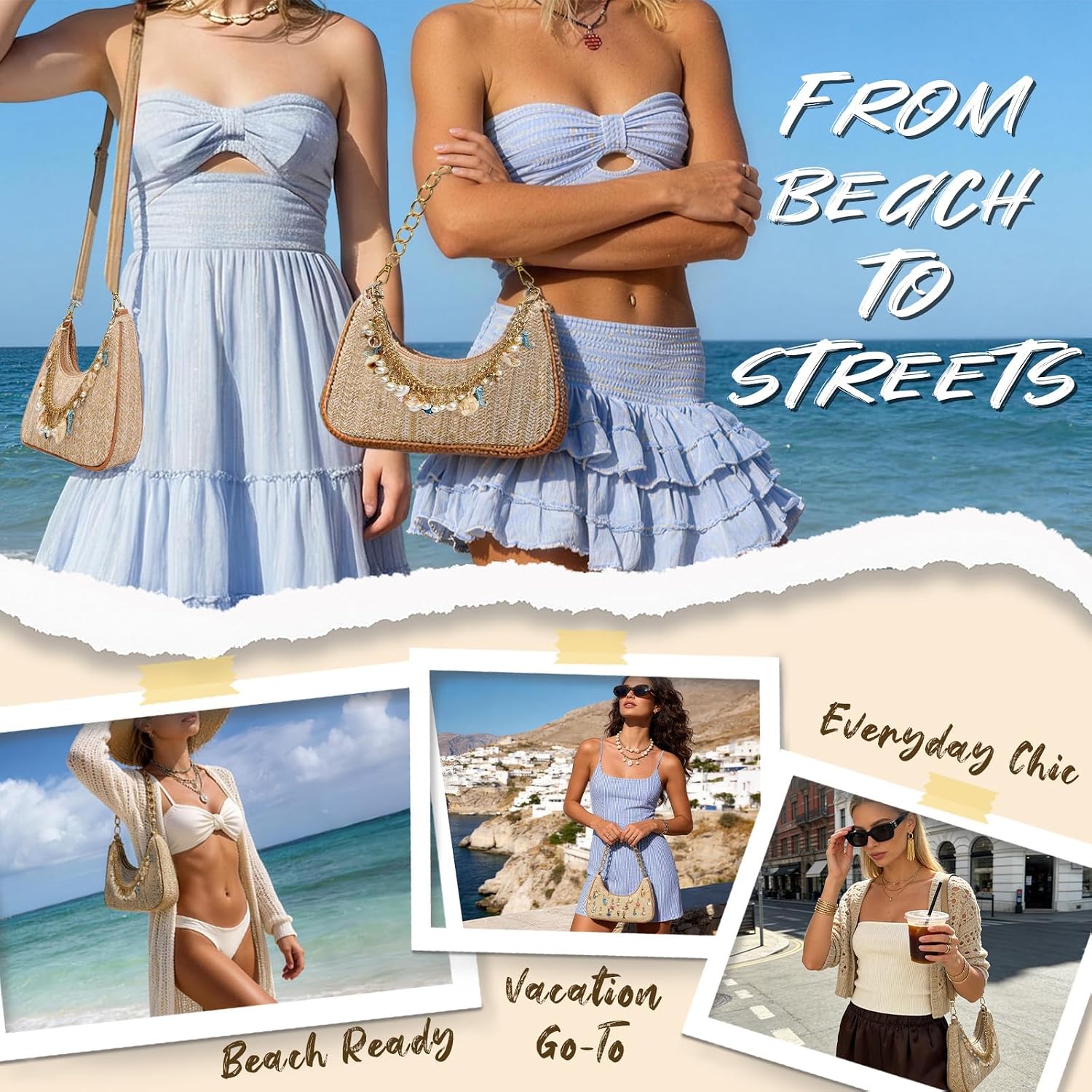Women's Straw Shell Charm Shoulder Bag