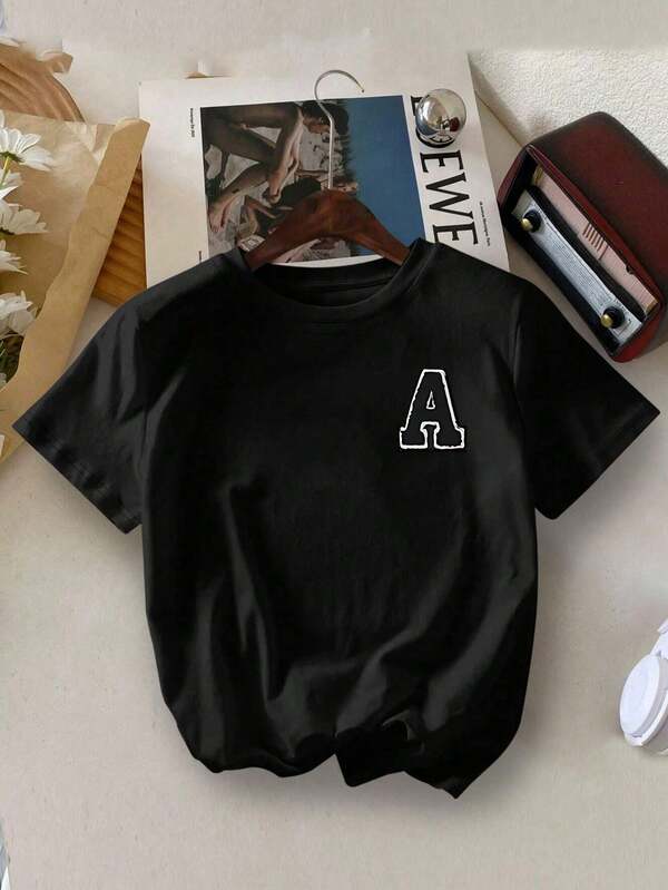 Tween Girl Set aus bedrucktem Kurzarm-T-Shirt und Schlaghose mit Buchstabe A, weich und maschinenwaschbar, Frühling und Sommer Tween Girl Set aus bedrucktem Kurzarm-T-Shirt und Schlaghose mit Buchstabe A, weich und maschinenwaschbar, Frühling und Sommer