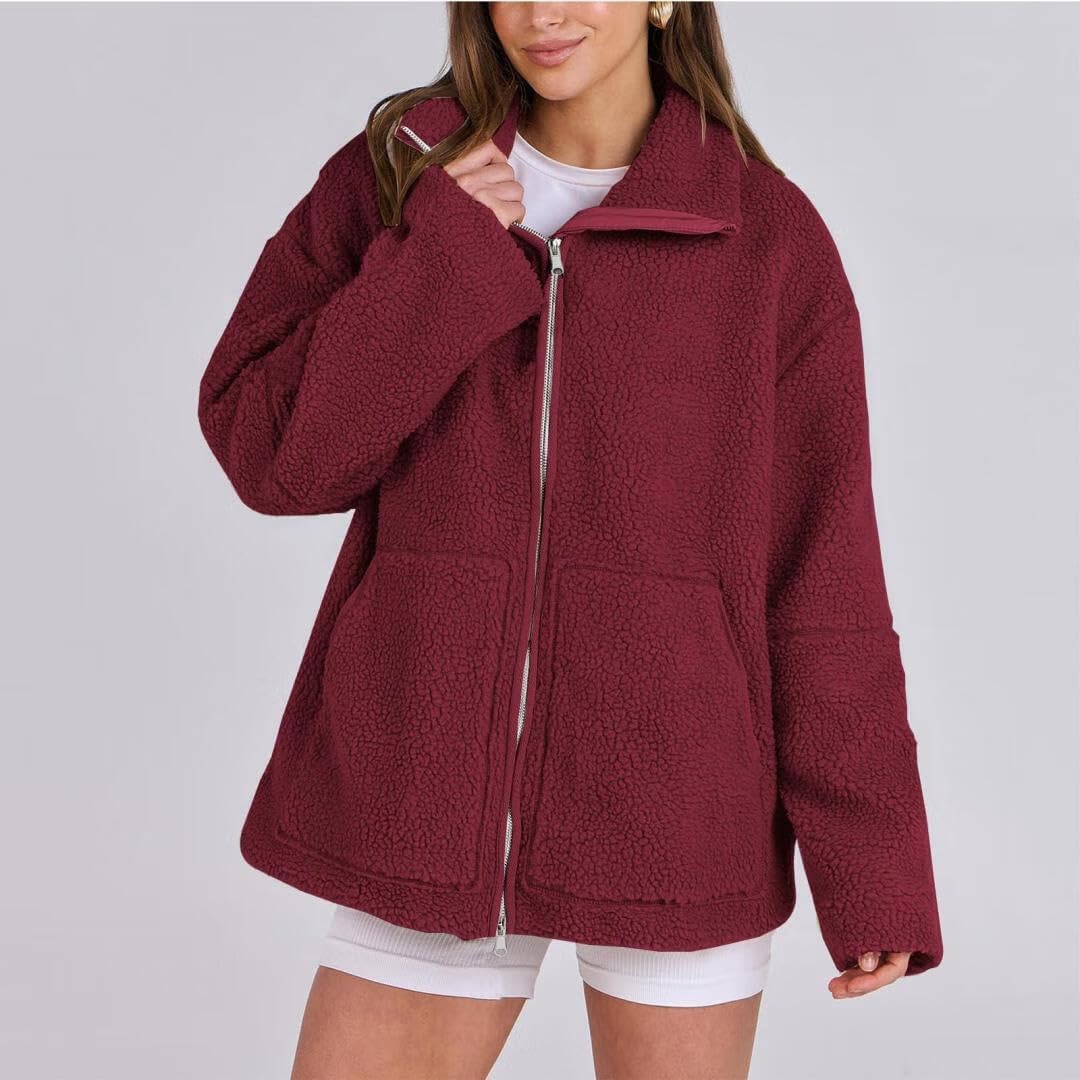 Womens Sherpa Jacket Fuzzy Zip Up Oversized Fleece Jackets Fluffy Coat with Pockets