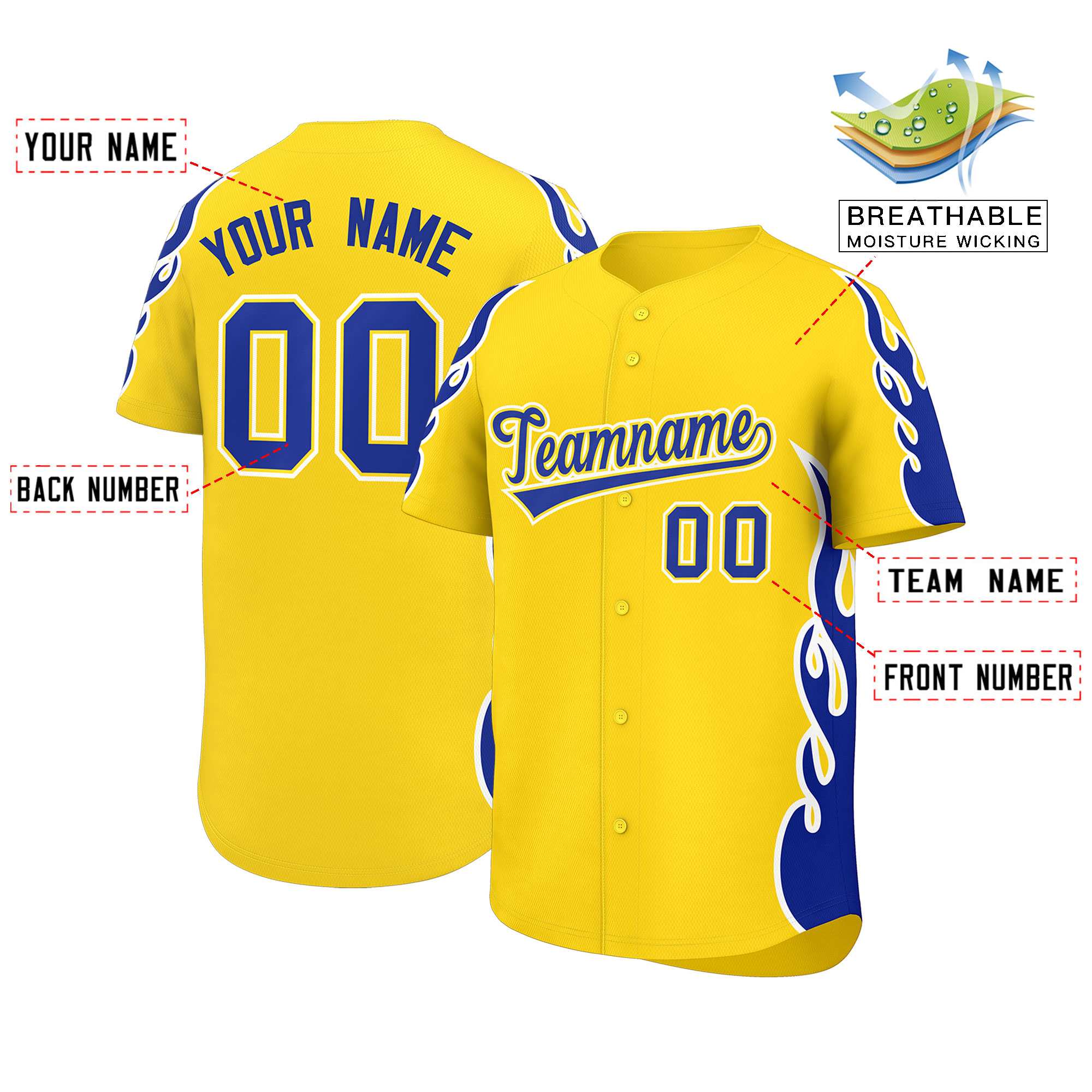 Benutzerdefiniertes Baseball-Trikot mit Seitenflammen-Umrissmuster für Sportuniformen