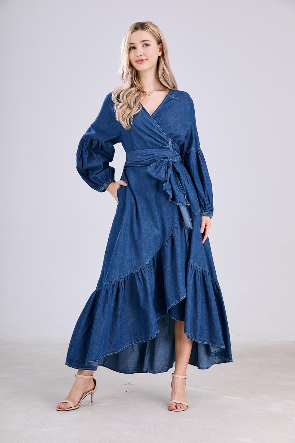 Womens Casual Belted Long Sleeve Denim Dress Wrapped V-Neck Ruffle Hem Maxi Dresses for Women
