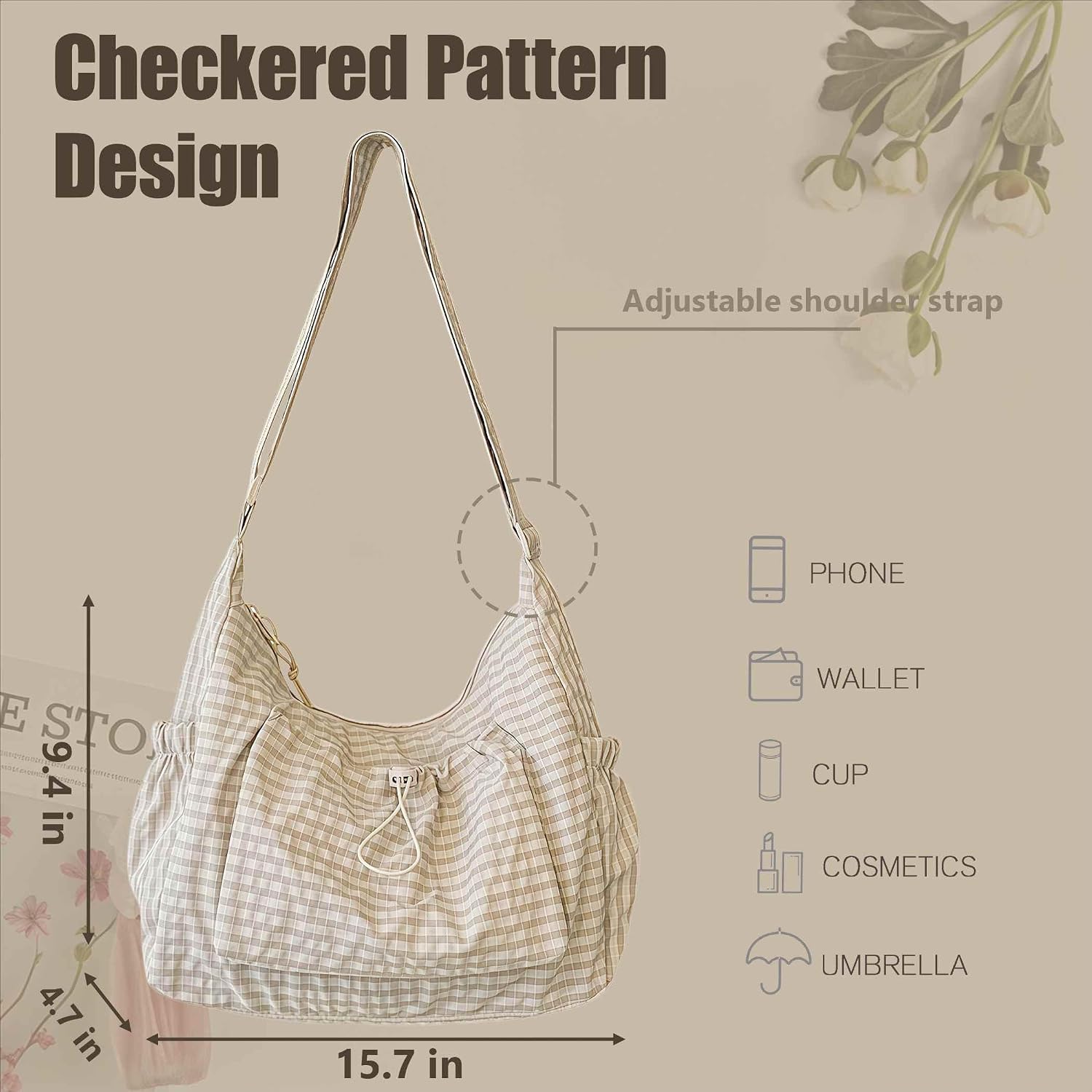 Women's Plaid Nylon Hobo Crossbody Bag with Drawstring Pocket